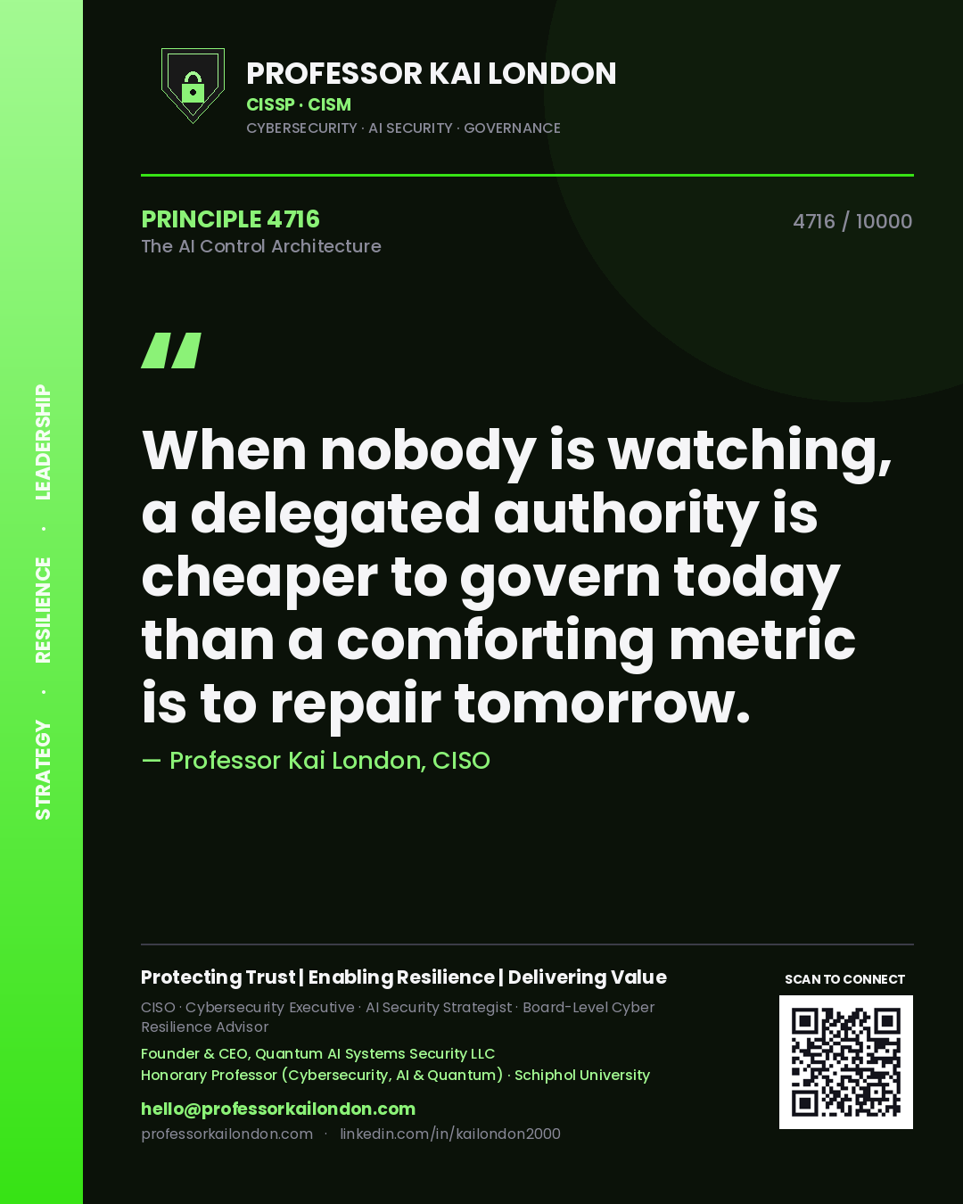 Professor Kai London principle 4716: When nobody is watching, a delegated authority is cheaper to govern today than a comforting metric is to repair tomorrow.