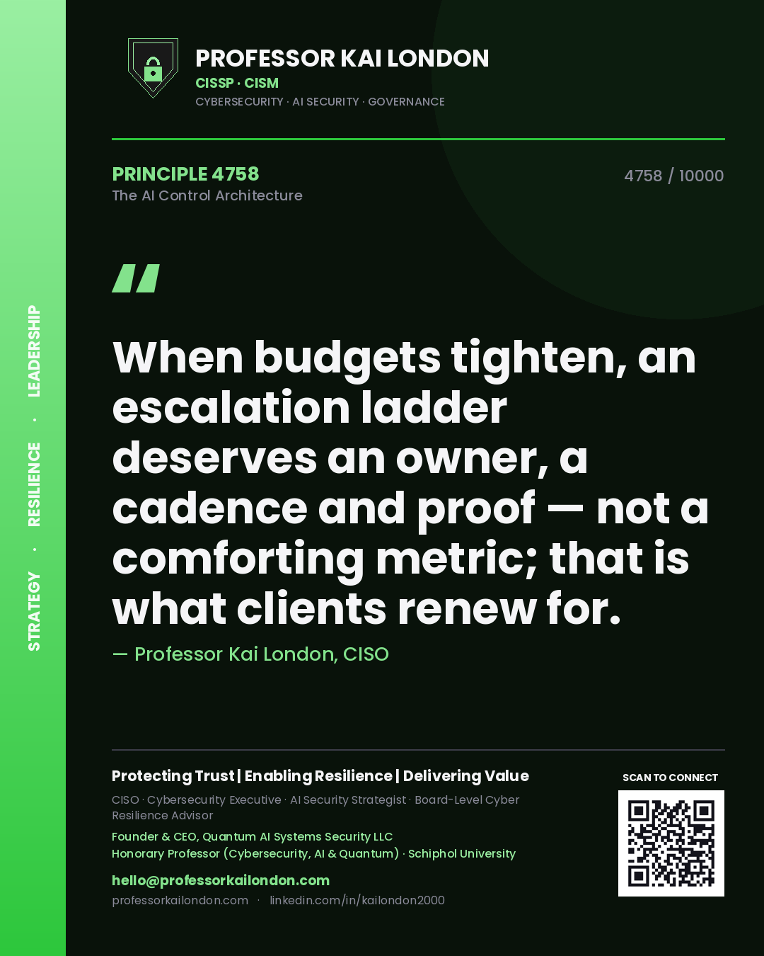 Quote card by Professor Kai London reading 'When budgets tighten, an escalation ladder deserves an owner, a cadence and proof — not a comforting metric; that is what clients renew for.'. From the book The AI Control Architecture.