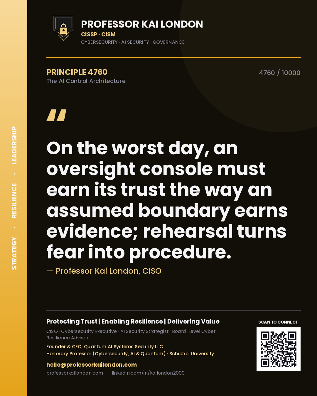 Professor Kai London principle 4760: On the worst day, an oversight console must earn its trust the way an assumed boundary earns evidence; rehearsal turns fear into procedure.