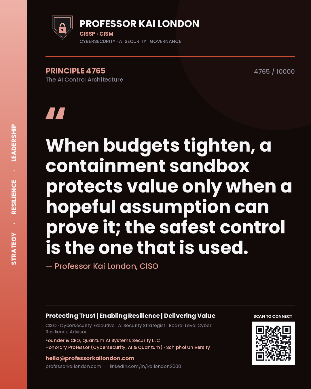 Quote card by Professor Kai London reading 'When budgets tighten, a containment sandbox protects value only when a hopeful assumption can prove it; the safest control is the one that is used.'. From the book The AI Control Architecture.