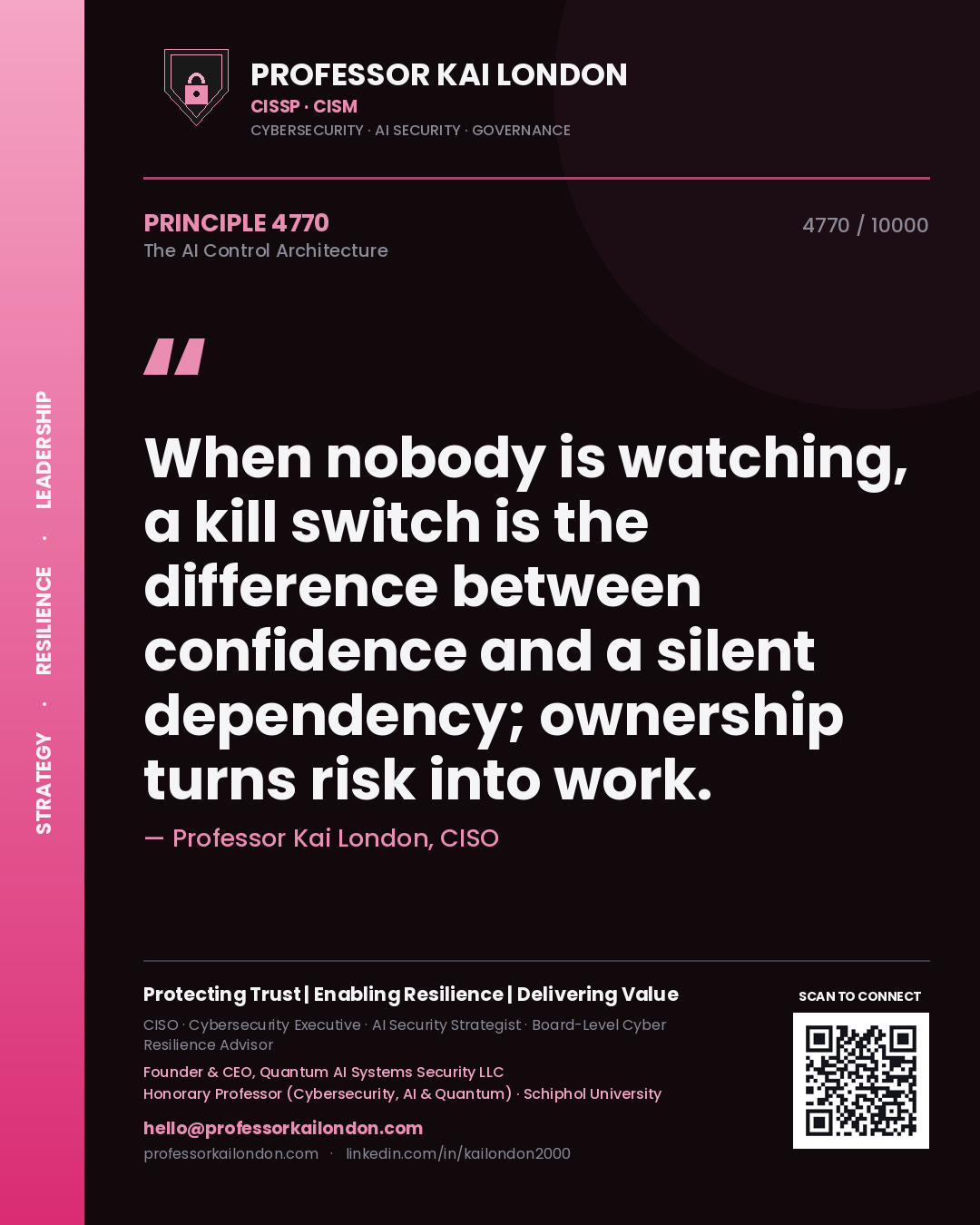 Quote card by Professor Kai London reading 'When nobody is watching, a kill switch is the difference between confidence and a silent dependency; ownership turns risk into work.'. From the book The AI Control Architecture.