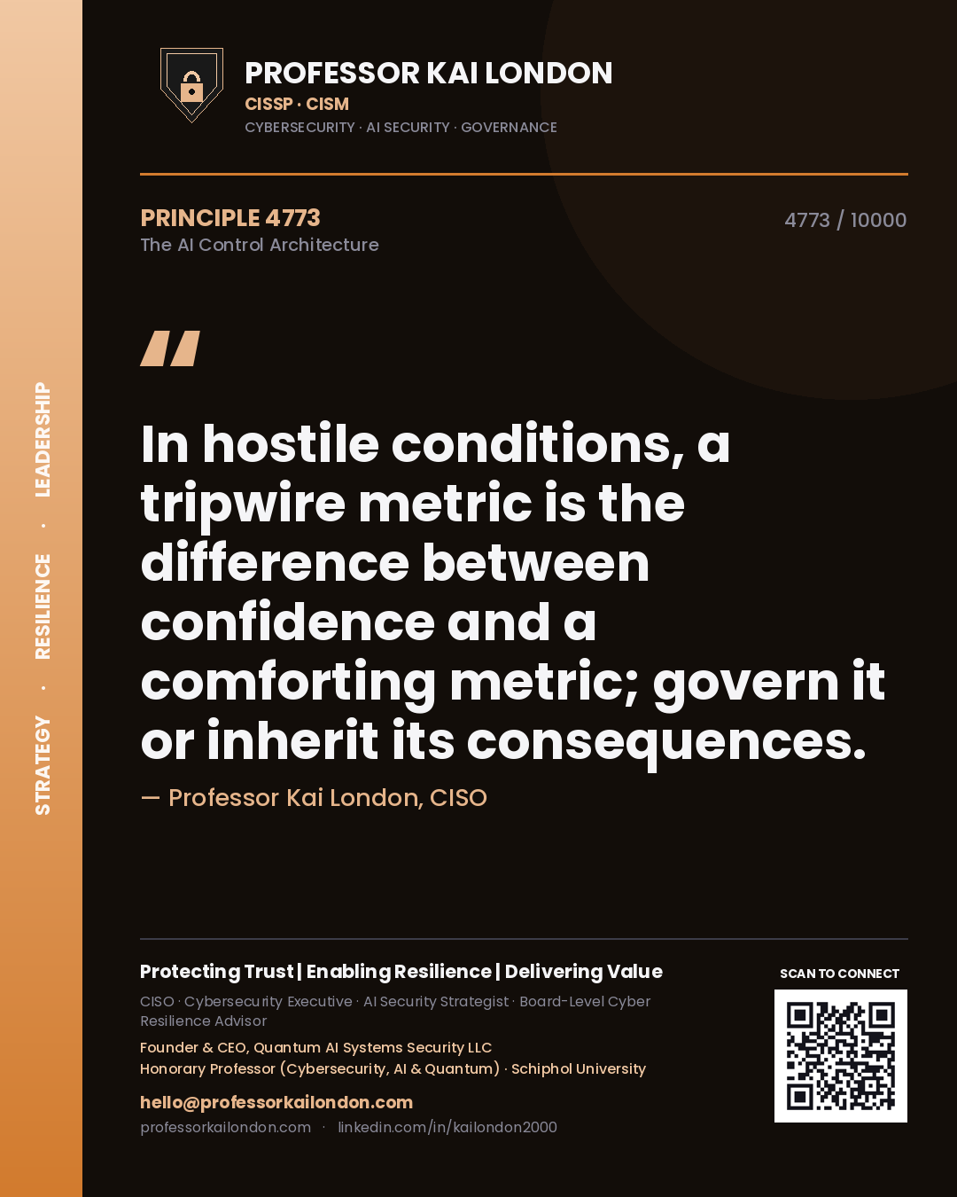 Quote card by Professor Kai London reading 'In hostile conditions, a tripwire metric is the difference between confidence and a comforting metric; govern it or inherit its consequences.'. From the book The AI Control Architecture.