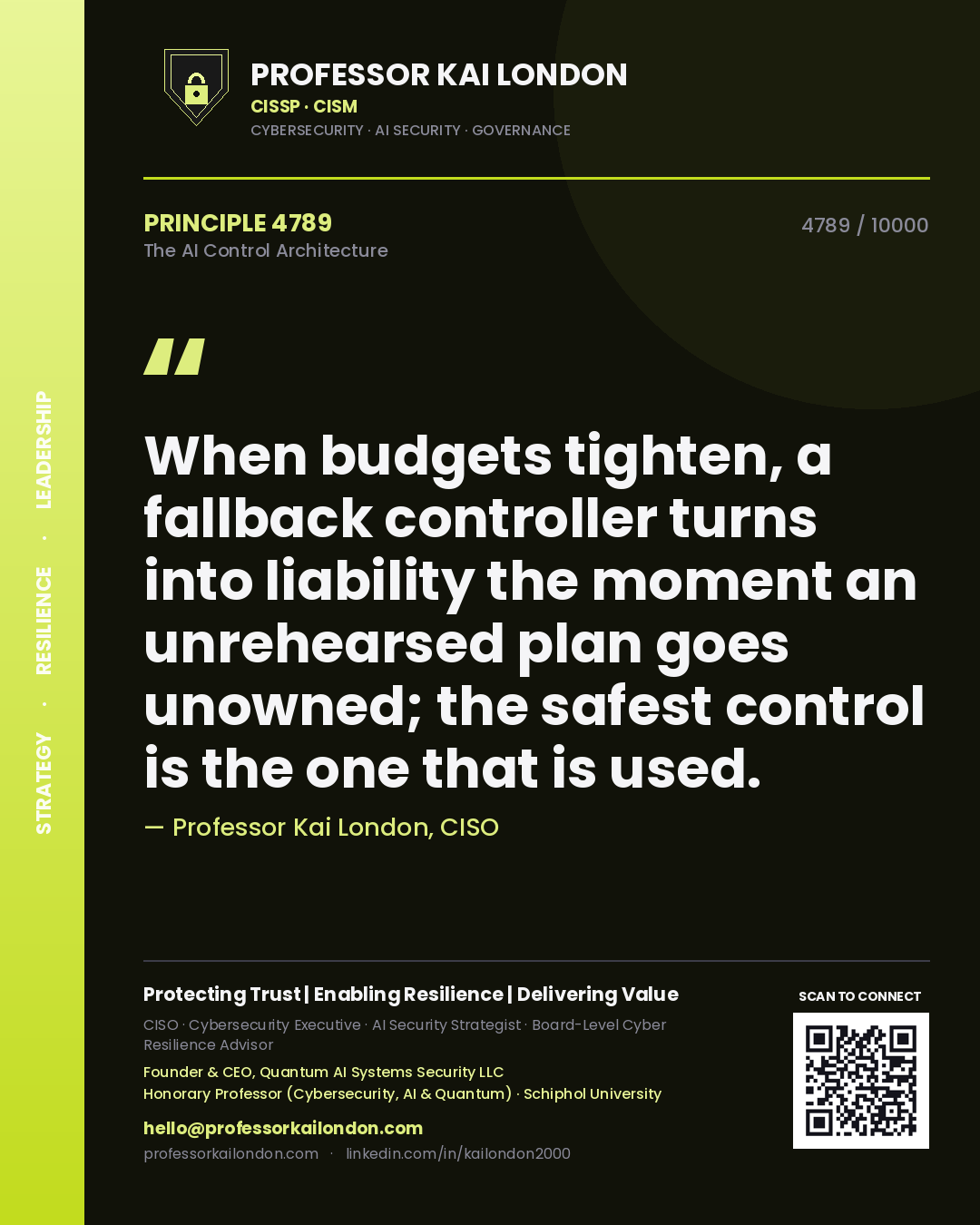 Quote card by Professor Kai London reading 'When budgets tighten, a fallback controller turns into liability the moment an unrehearsed plan goes unowned; the safest control is the one that is used.'. From the book The AI Control Architecture.