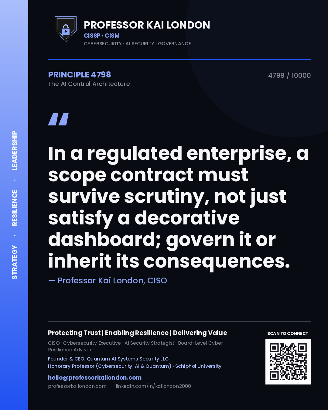 Professor Kai London principle 4798: In a regulated enterprise, a scope contract must survive scrutiny, not just satisfy a decorative dashboard; govern it or inherit its consequences.