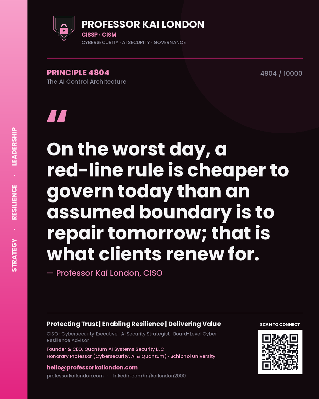 Professor Kai London principle 4804: On the worst day, a red-line rule is cheaper to govern today than an assumed boundary is to repair tomorrow; that is what clients renew for.