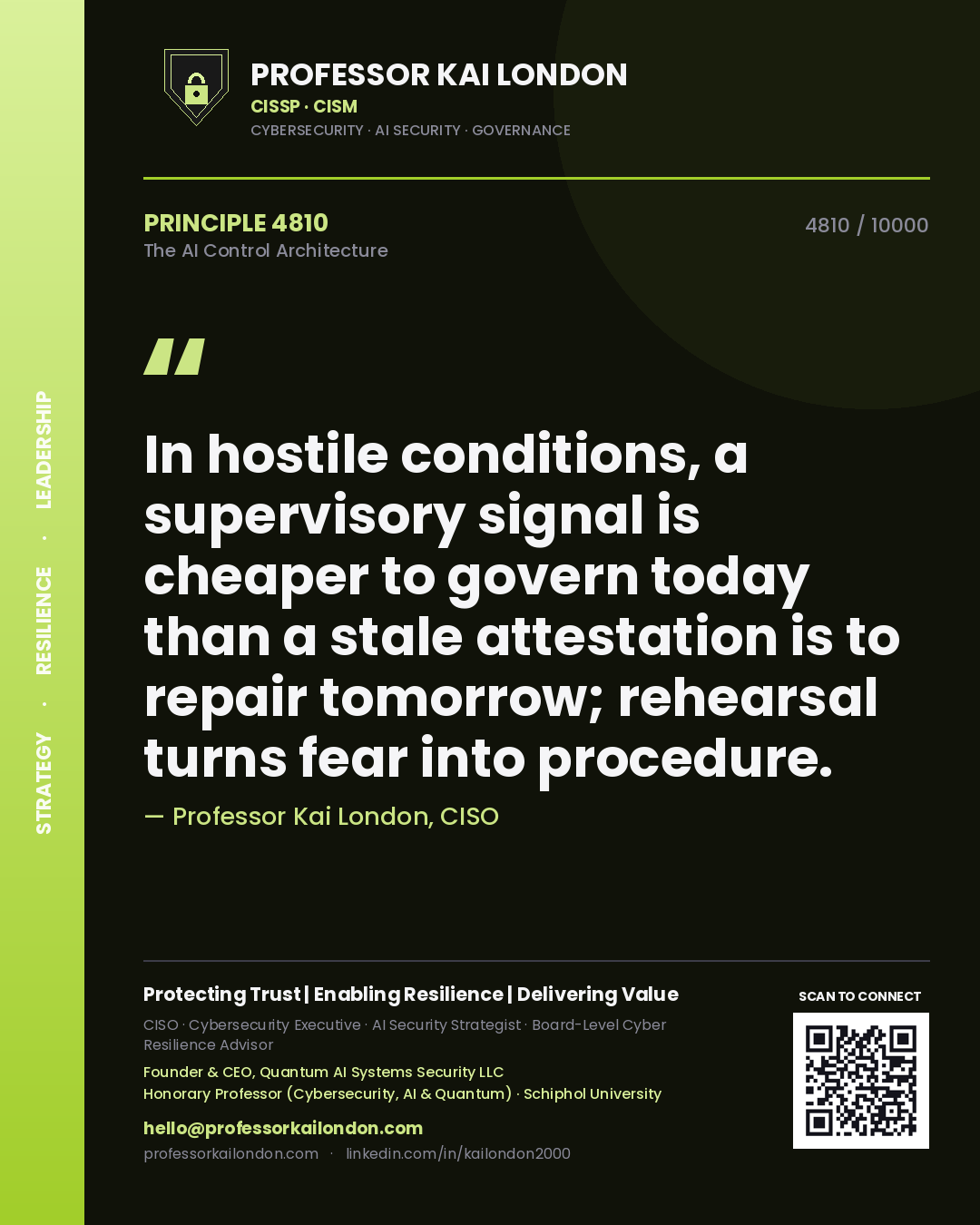 Quote card by Professor Kai London reading 'In hostile conditions, a supervisory signal is cheaper to govern today than a stale attestation is to repair tomorrow; rehearsal turns fear into procedure.'. From the book The AI Control Architecture.