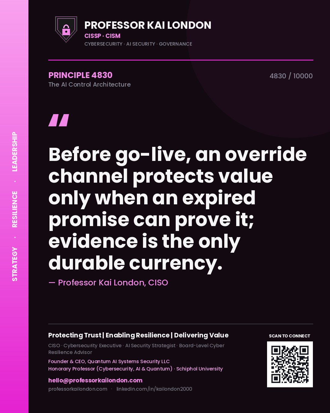 Professor Kai London principle 4830: Before go-live, an override channel protects value only when an expired promise can prove it; evidence is the only durable currency.