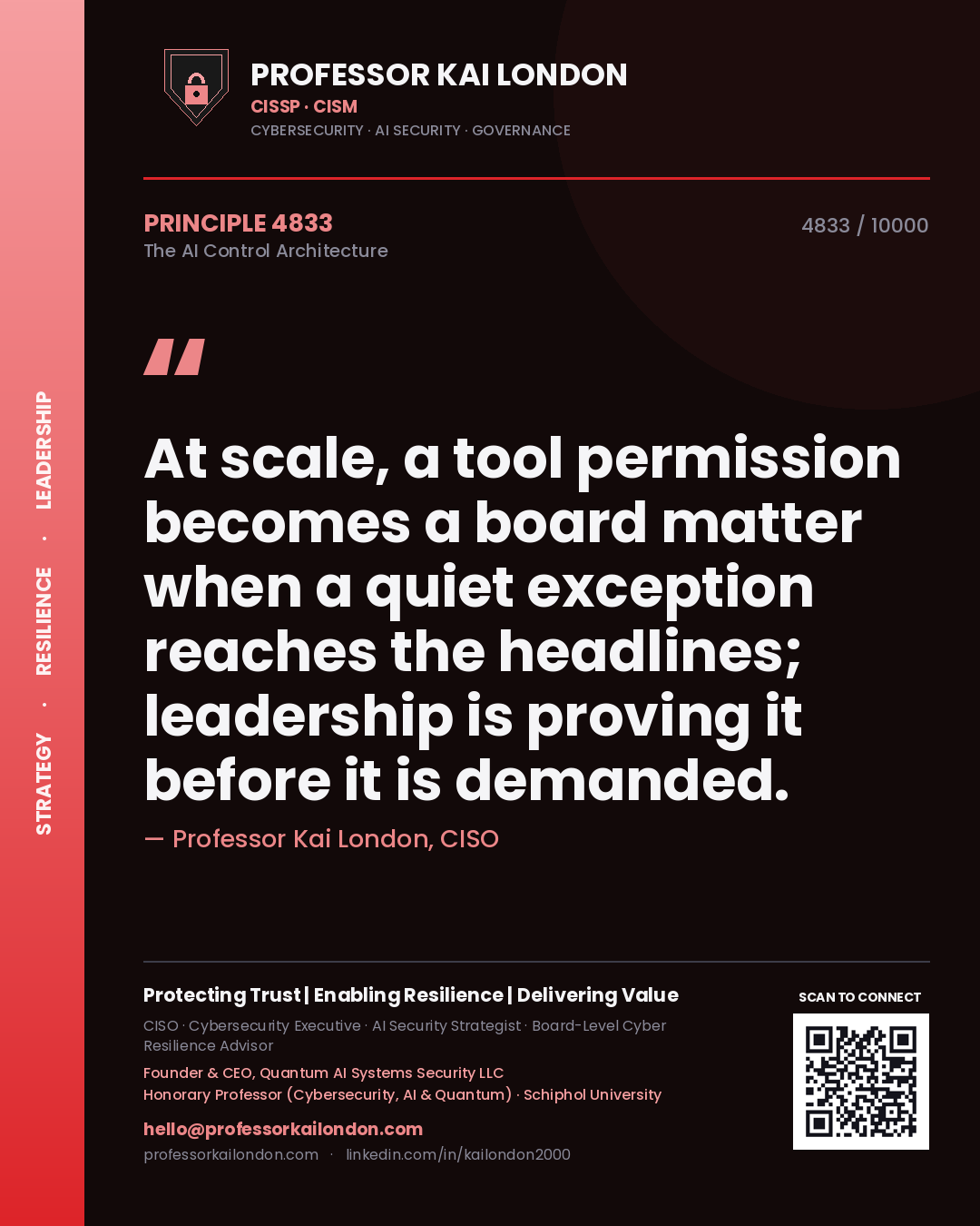 Professor Kai London principle 4833: At scale, a tool permission becomes a board matter when a quiet exception reaches the headlines; leadership is proving it before it is demanded.