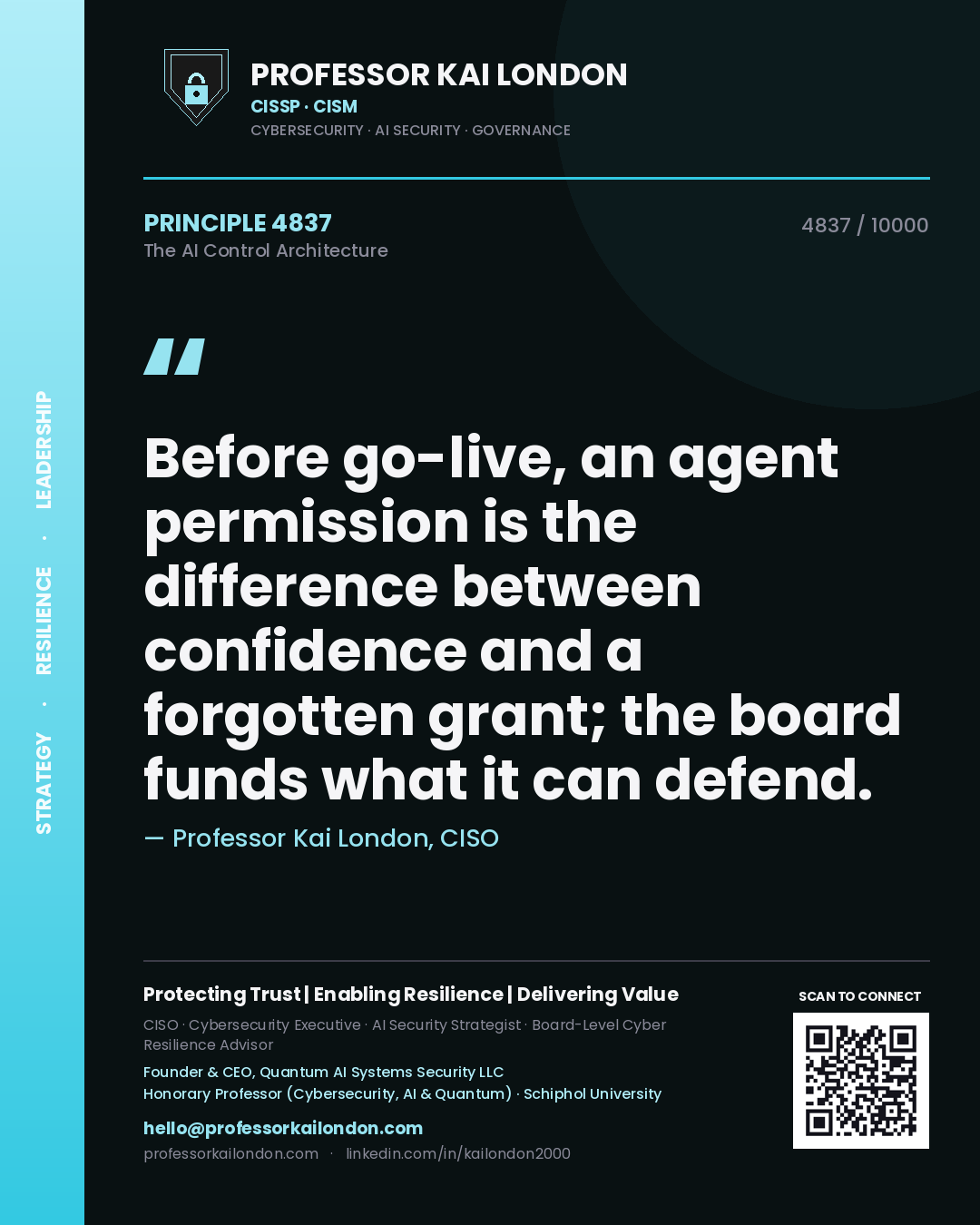 Professor Kai London principle 4837: Before go-live, an agent permission is the difference between confidence and a forgotten grant; the board funds what it can defend.