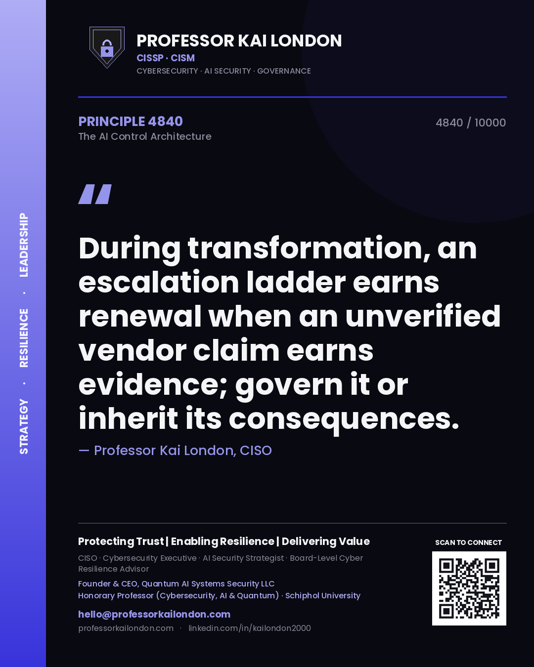 Professor Kai London principle 4840: During transformation, an escalation ladder earns renewal when an unverified vendor claim earns evidence; govern it or inherit its consequences.