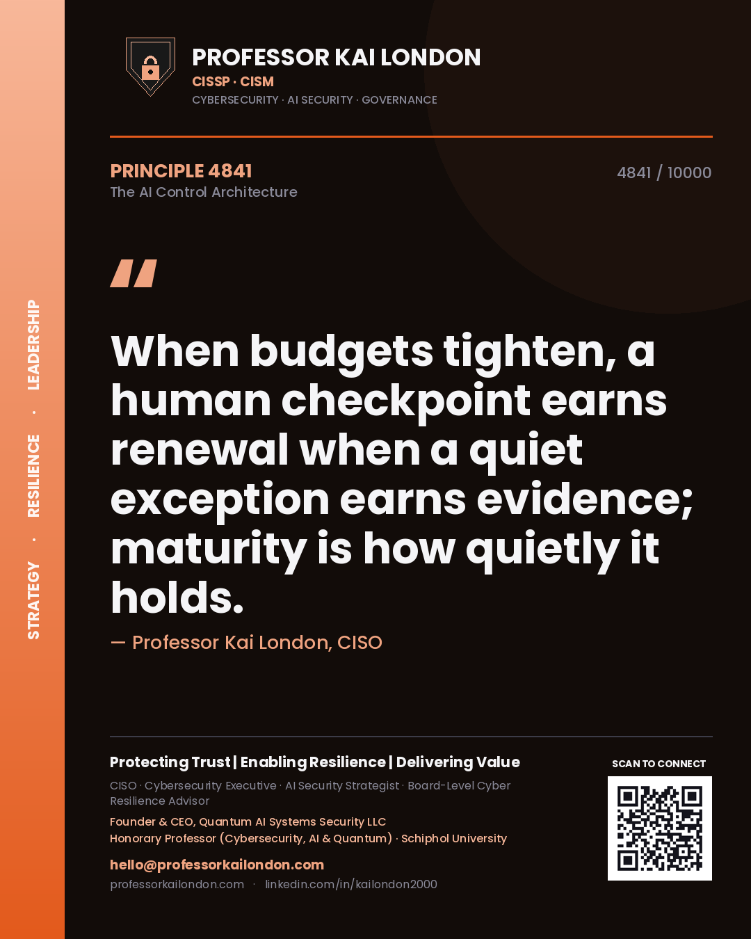 Quote card by Professor Kai London reading 'When budgets tighten, a human checkpoint earns renewal when a quiet exception earns evidence; maturity is how quietly it holds.'. From the book The AI Control Architecture.