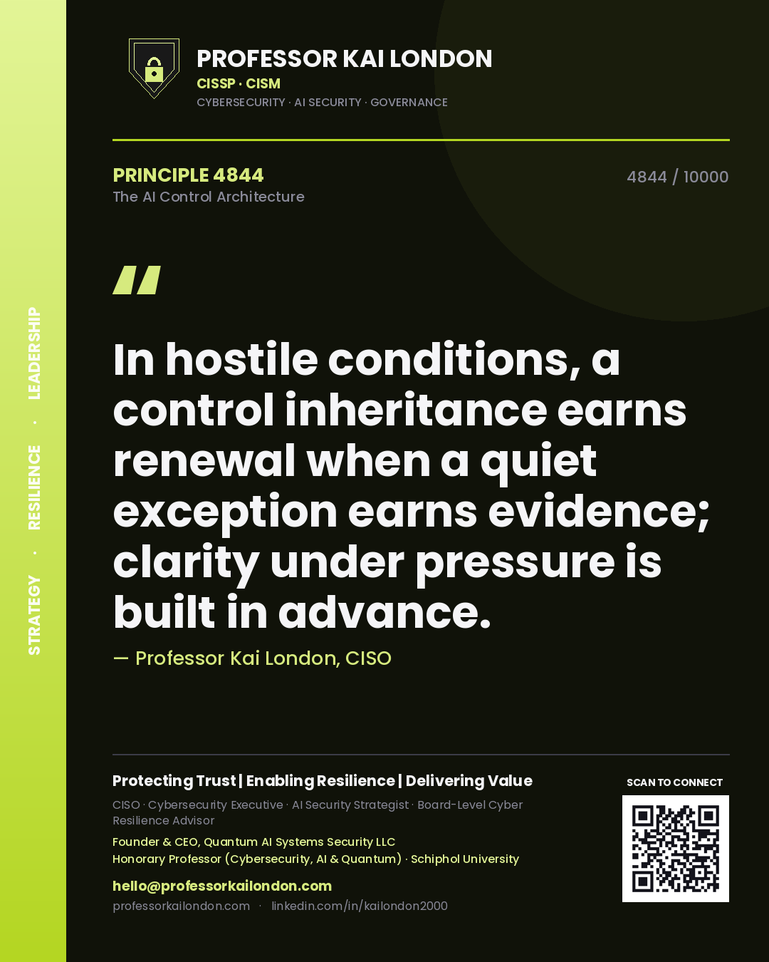Quote card by Professor Kai London reading 'In hostile conditions, a control inheritance earns renewal when a quiet exception earns evidence; clarity under pressure is built in advance.'. From the book The AI Control Architecture.
