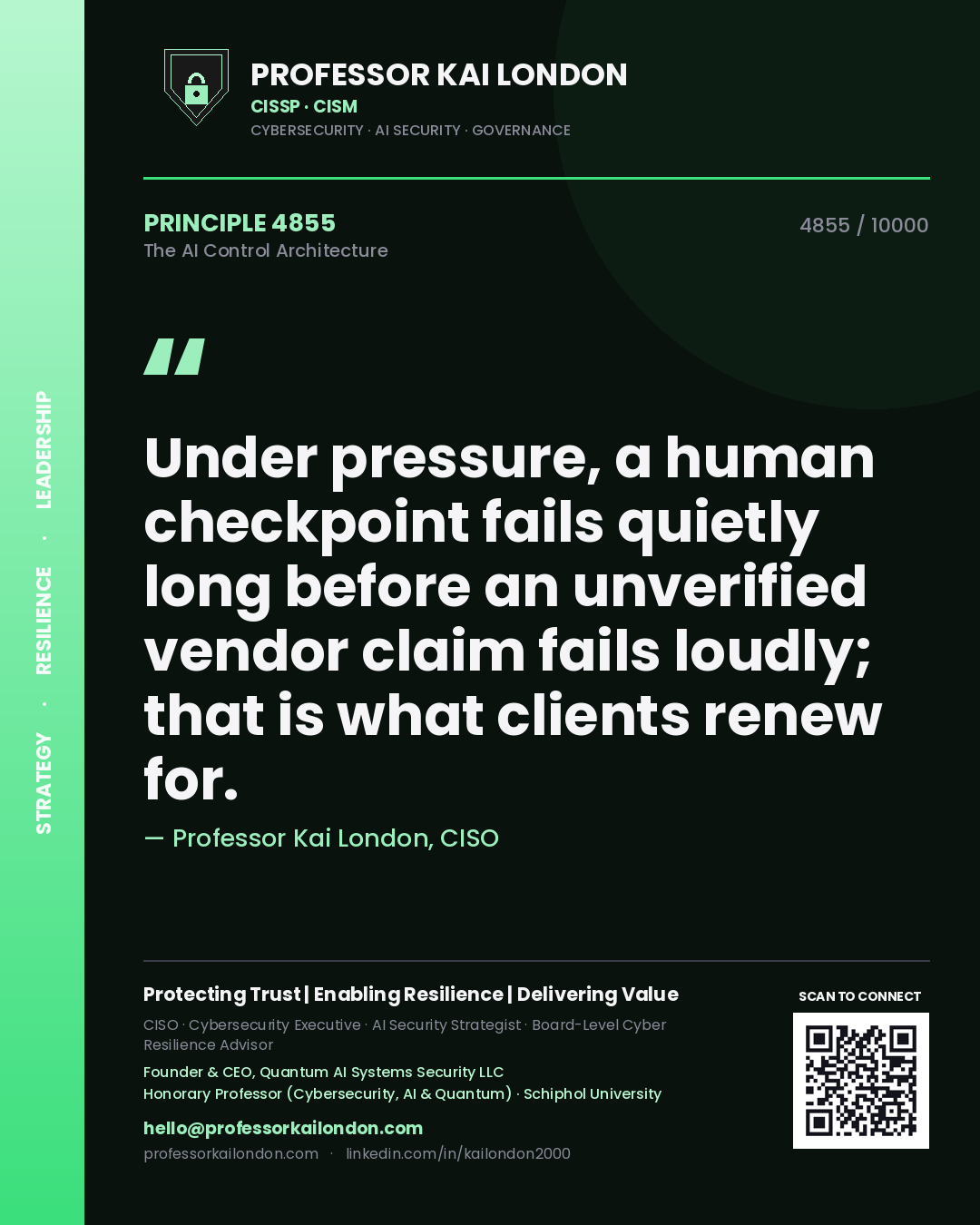 Quote card by Professor Kai London reading 'Under pressure, a human checkpoint fails quietly long before an unverified vendor claim fails loudly; that is what clients renew for.'. From the book The AI Control Architecture.