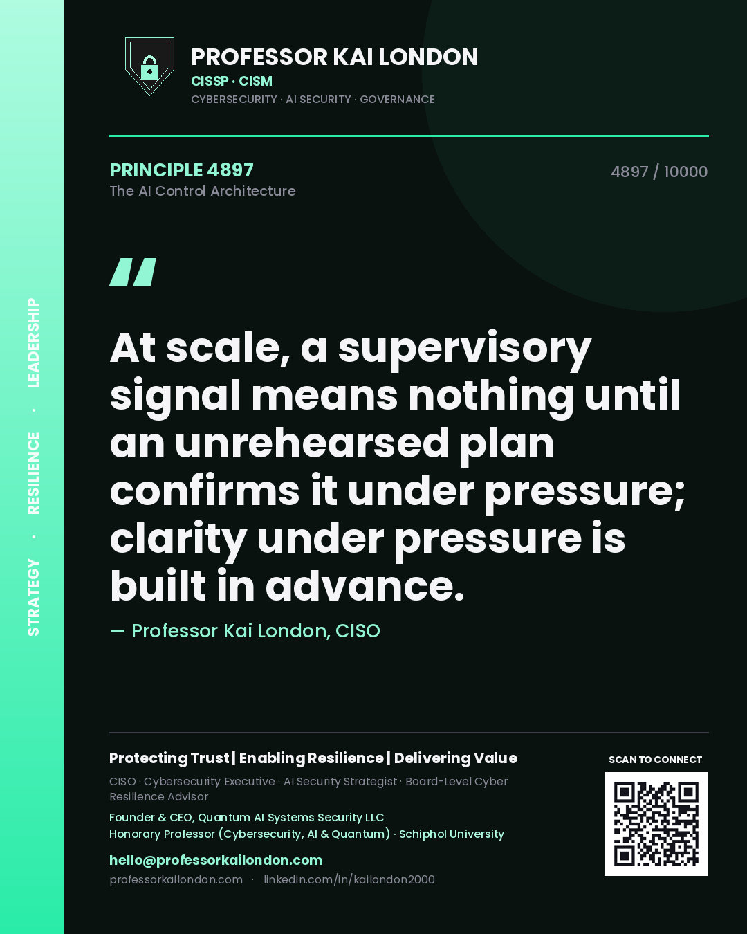 Quote card by Professor Kai London reading 'At scale, a supervisory signal means nothing until an unrehearsed plan confirms it under pressure; clarity under pressure is built in advance.'. From the book The AI Control Architecture.