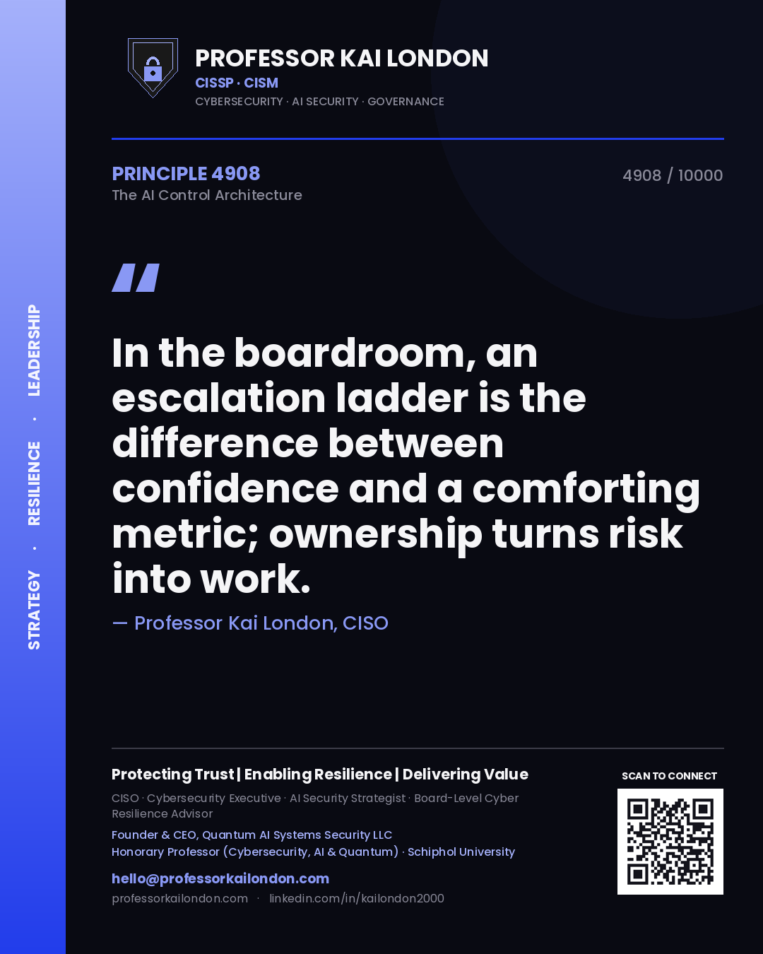 Quote card by Professor Kai London reading 'In the boardroom, an escalation ladder is the difference between confidence and a comforting metric; ownership turns risk into work.'. From the book The AI Control Architecture.