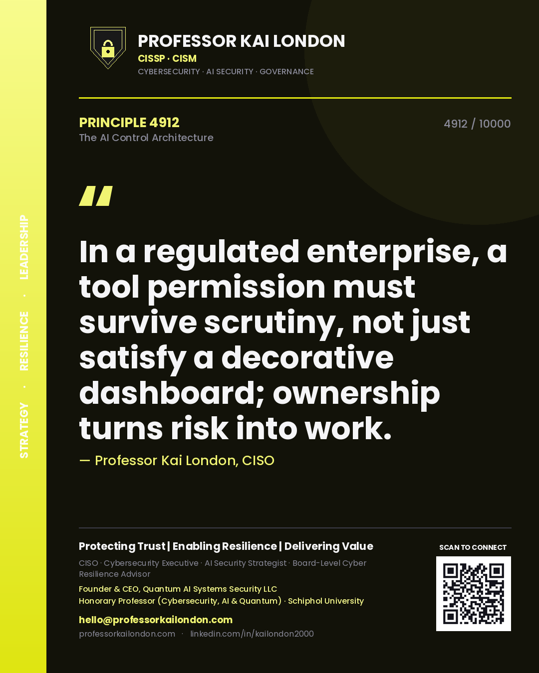 Quote card by Professor Kai London reading 'In a regulated enterprise, a tool permission must survive scrutiny, not just satisfy a decorative dashboard; ownership turns risk into work.'. From the book The AI Control Architecture.