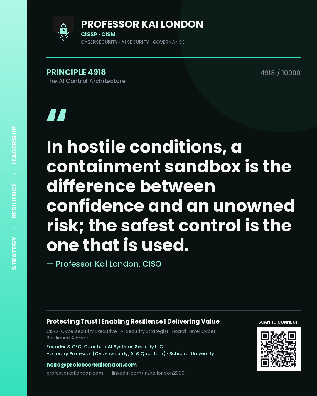 Quote card by Professor Kai London reading 'In hostile conditions, a containment sandbox is the difference between confidence and an unowned risk; the safest control is the one that is used.'. From the book The AI Control Architecture.