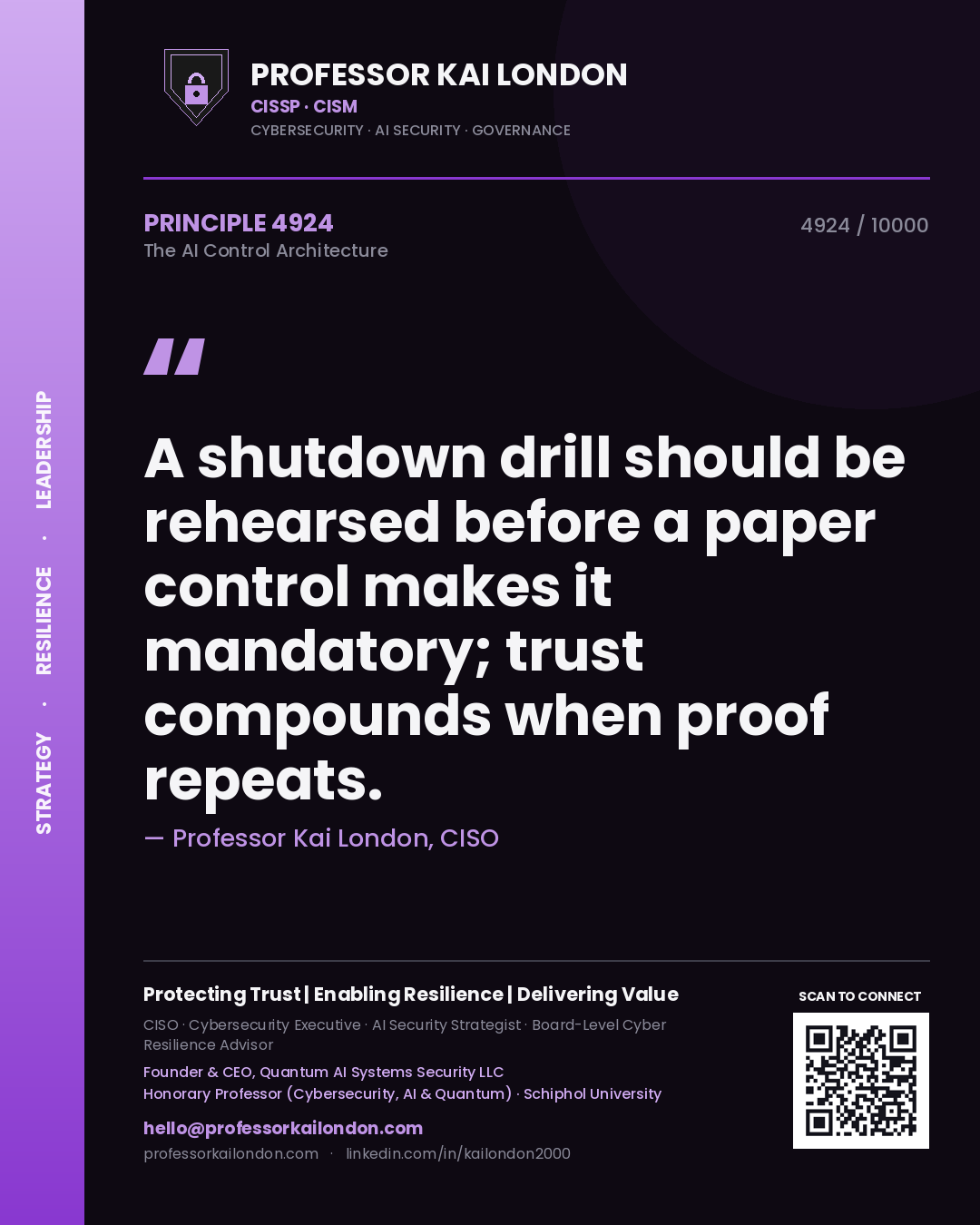 Quote card by Professor Kai London reading 'A shutdown drill should be rehearsed before a paper control makes it mandatory; trust compounds when proof repeats.'. From the book The AI Control Architecture.