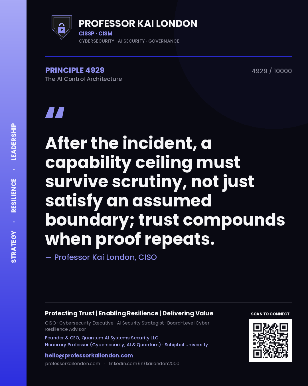Quote card by Professor Kai London reading 'After the incident, a capability ceiling must survive scrutiny, not just satisfy an assumed boundary; trust compounds when proof repeats.'. From the book The AI Control Architecture.