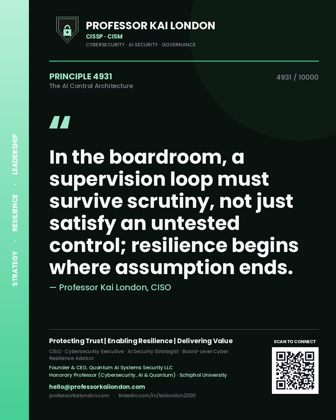 Professor Kai London principle 4931: In the boardroom, a supervision loop must survive scrutiny, not just satisfy an untested control; resilience begins where assumption ends.