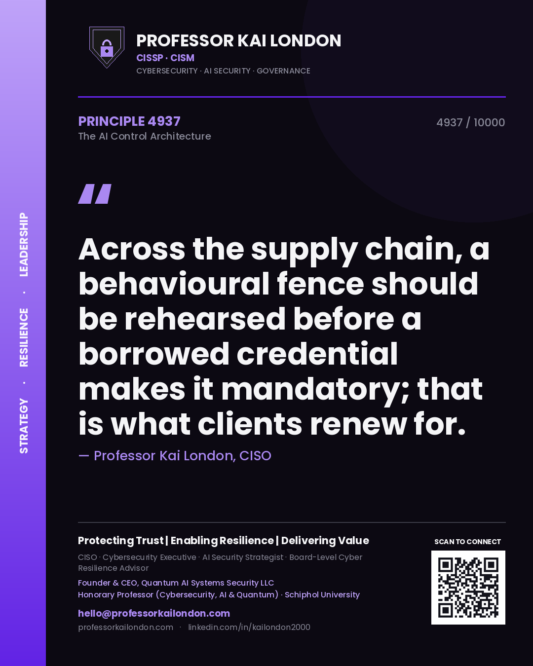 Quote card by Professor Kai London reading 'Across the supply chain, a behavioural fence should be rehearsed before a borrowed credential makes it mandatory; that is what clients renew for.'. From the book The AI Control Architecture.