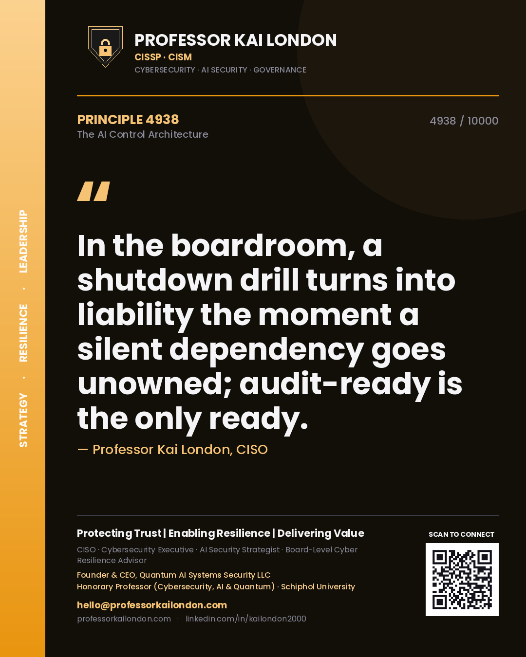 Professor Kai London principle 4938: In the boardroom, a shutdown drill turns into liability the moment a silent dependency goes unowned; audit-ready is the only ready.