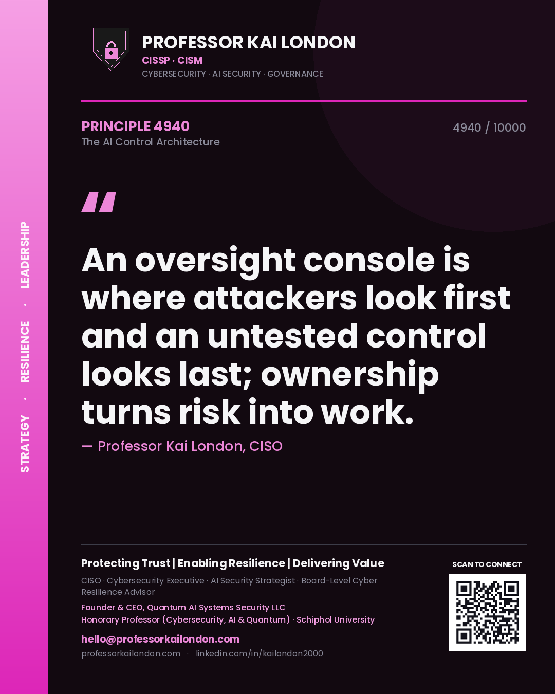 Quote card by Professor Kai London reading 'An oversight console is where attackers look first and an untested control looks last; ownership turns risk into work.'. From the book The AI Control Architecture.