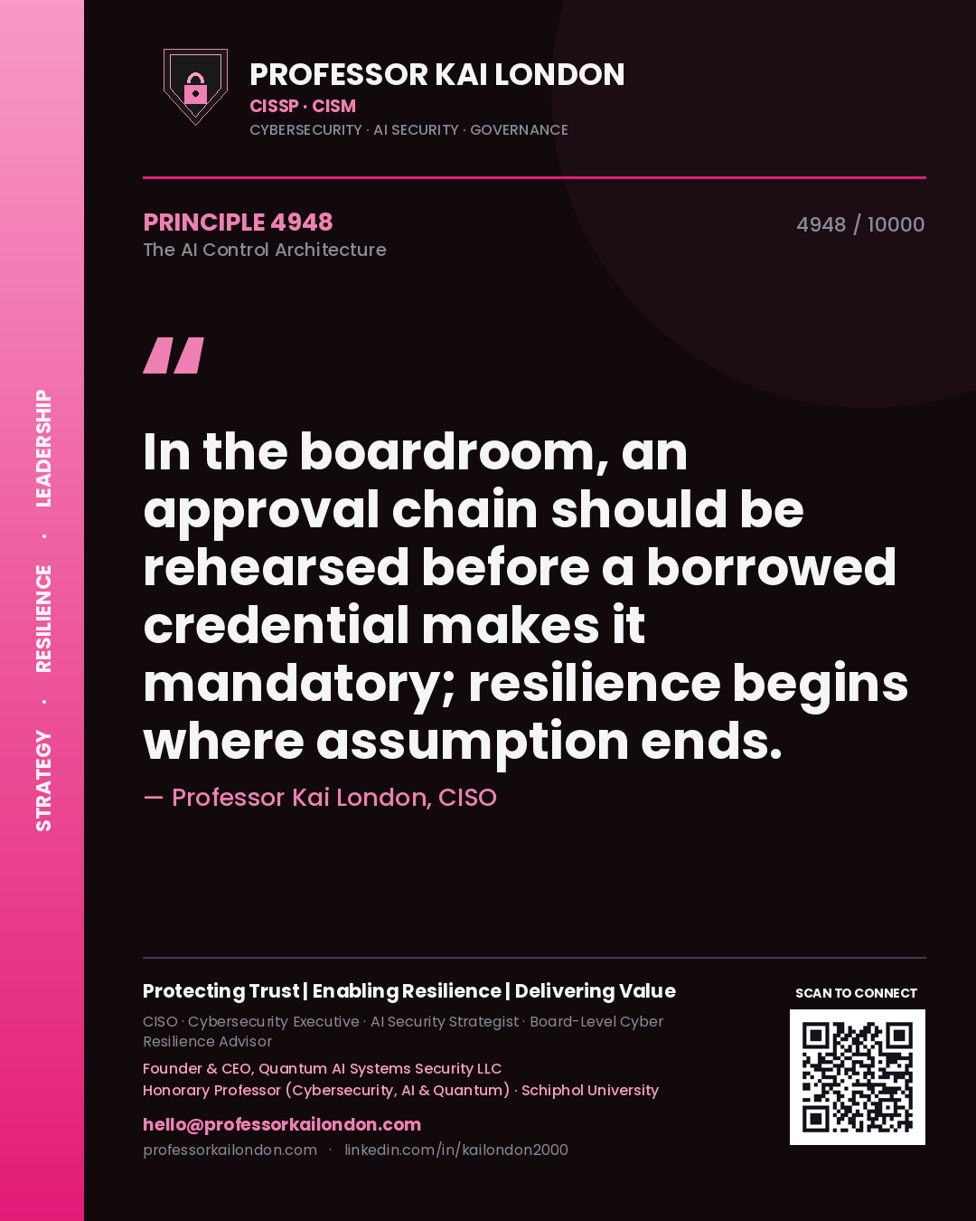 Quote card by Professor Kai London reading 'In the boardroom, an approval chain should be rehearsed before a borrowed credential makes it mandatory; resilience begins where assumption ends.'. From the book The AI Control Architecture.