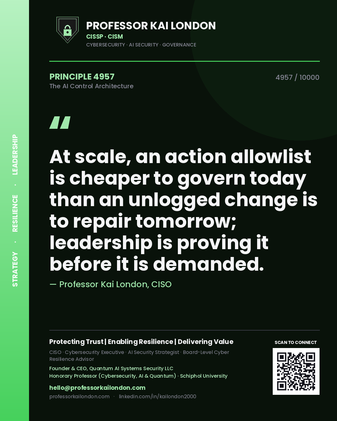 Quote card by Professor Kai London reading 'At scale, an action allowlist is cheaper to govern today than an unlogged change is to repair tomorrow; leadership is proving it before it is demanded.'. From the book The AI Control Architecture.