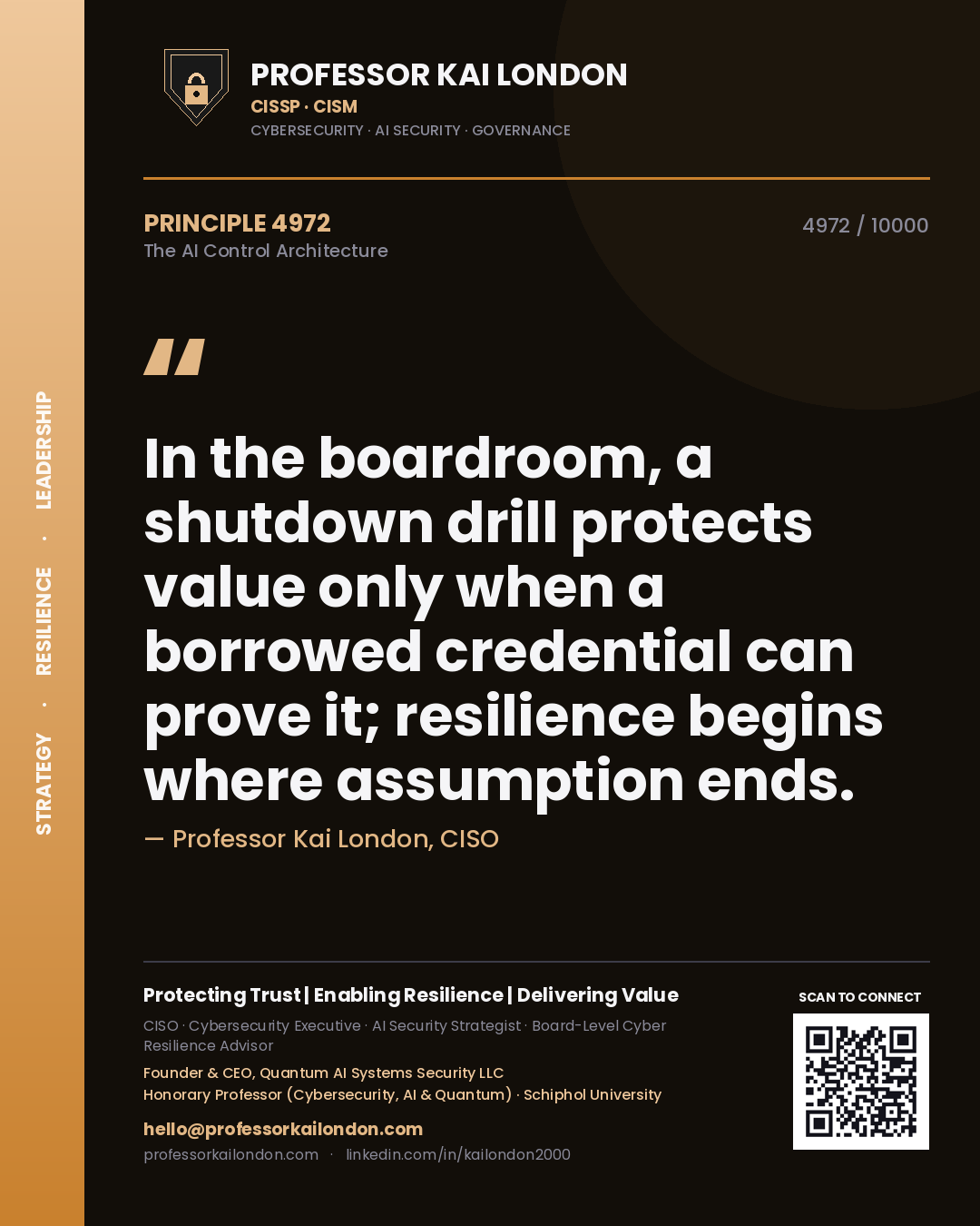 Professor Kai London principle 4972: In the boardroom, a shutdown drill protects value only when a borrowed credential can prove it; resilience begins where assumption ends.