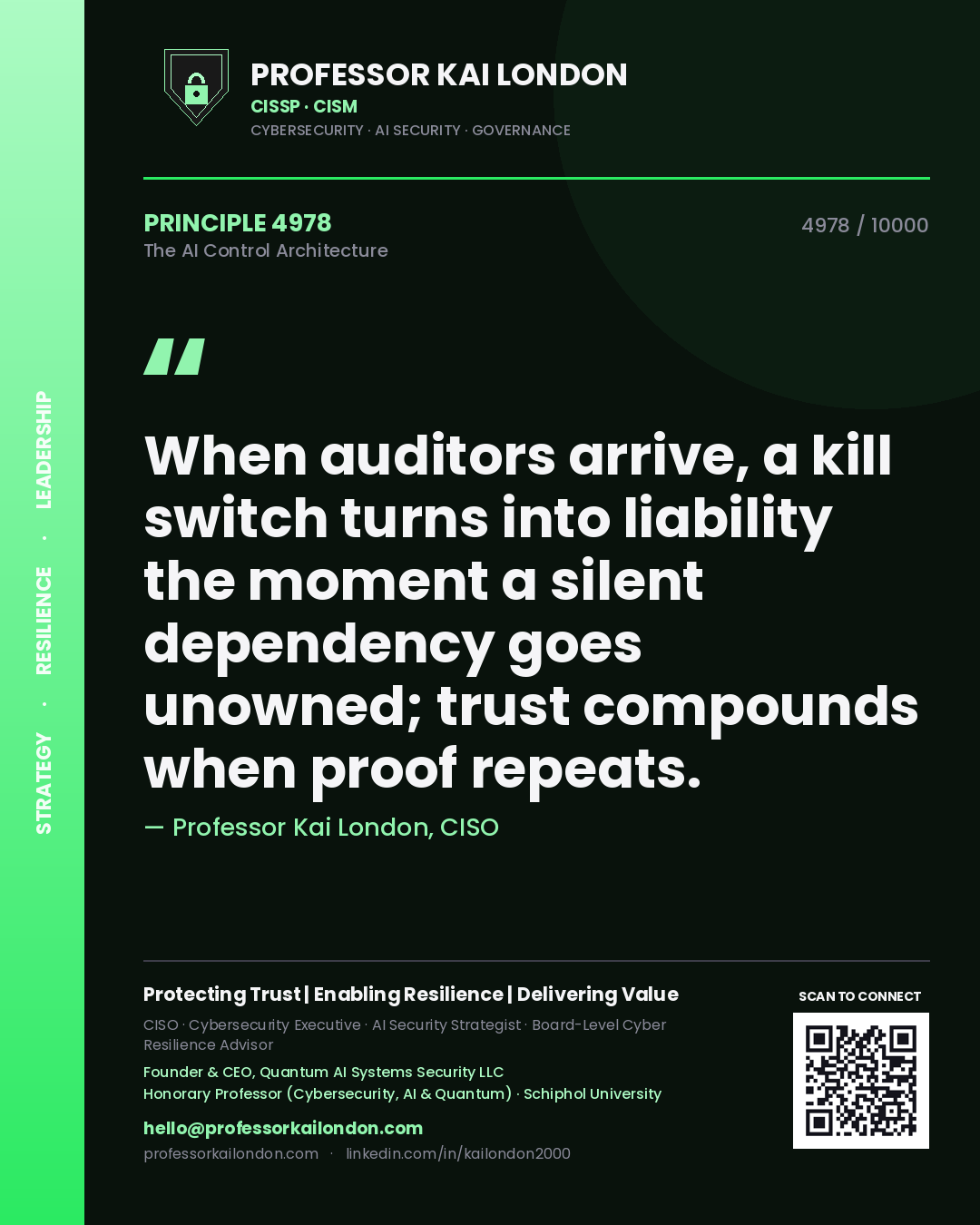 Professor Kai London principle 4978: When auditors arrive, a kill switch turns into liability the moment a silent dependency goes unowned; trust compounds when proof repeats.