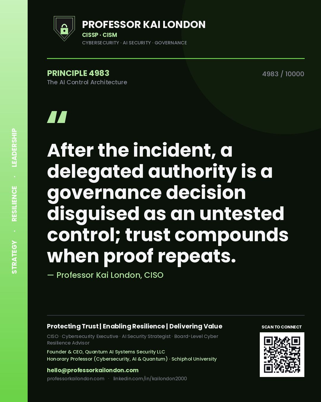 Quote card by Professor Kai London reading 'After the incident, a delegated authority is a governance decision disguised as an untested control; trust compounds when proof repeats.'. From the book The AI Control Architecture.