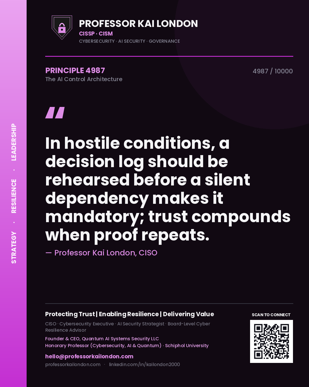 Professor Kai London principle 4987: In hostile conditions, a decision log should be rehearsed before a silent dependency makes it mandatory; trust compounds when proof repeats.