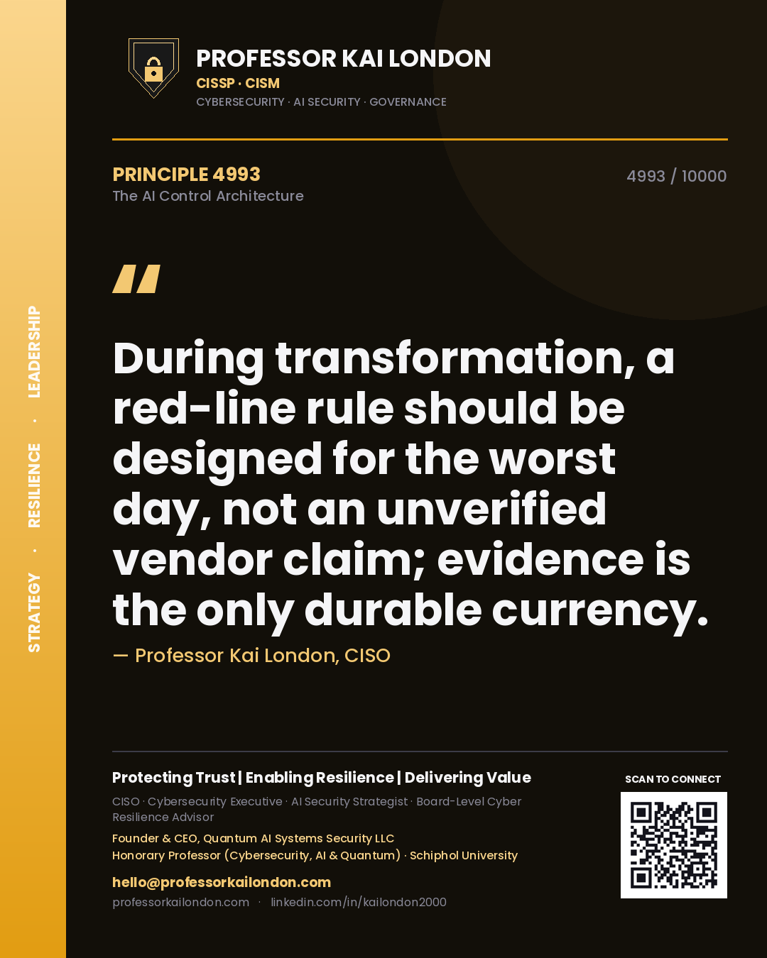 Professor Kai London principle 4993: During transformation, a red-line rule should be designed for the worst day, not an unverified vendor claim; evidence is the only durable currency.