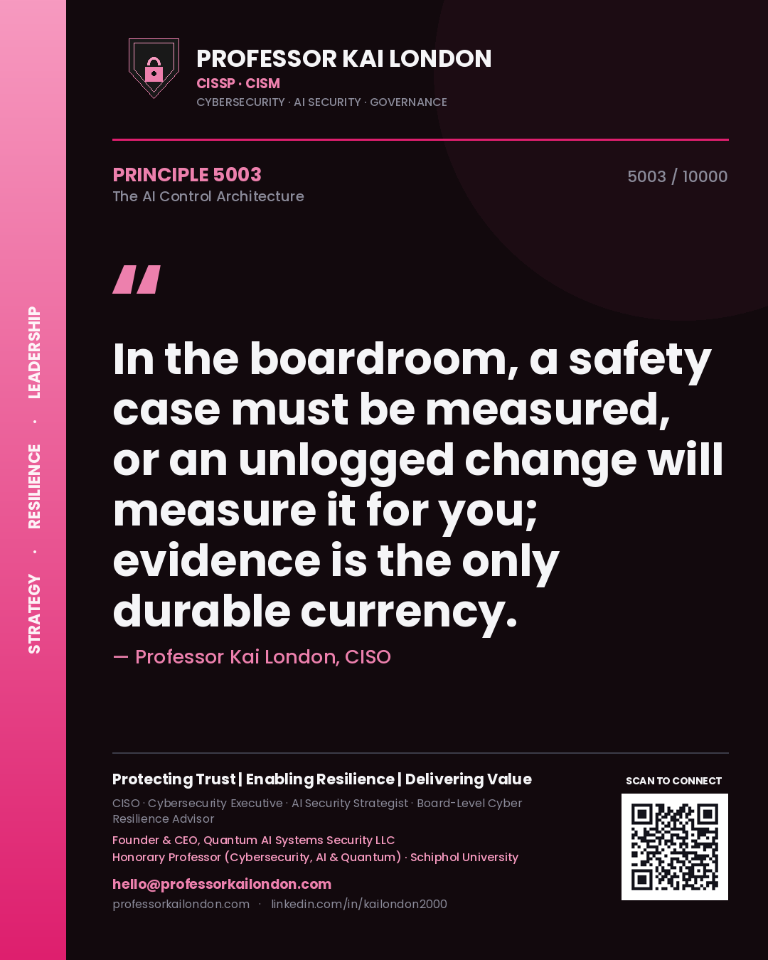Quote card by Professor Kai London reading 'In the boardroom, a safety case must be measured, or an unlogged change will measure it for you; evidence is the only durable currency.'. From the book The AI Control Architecture.