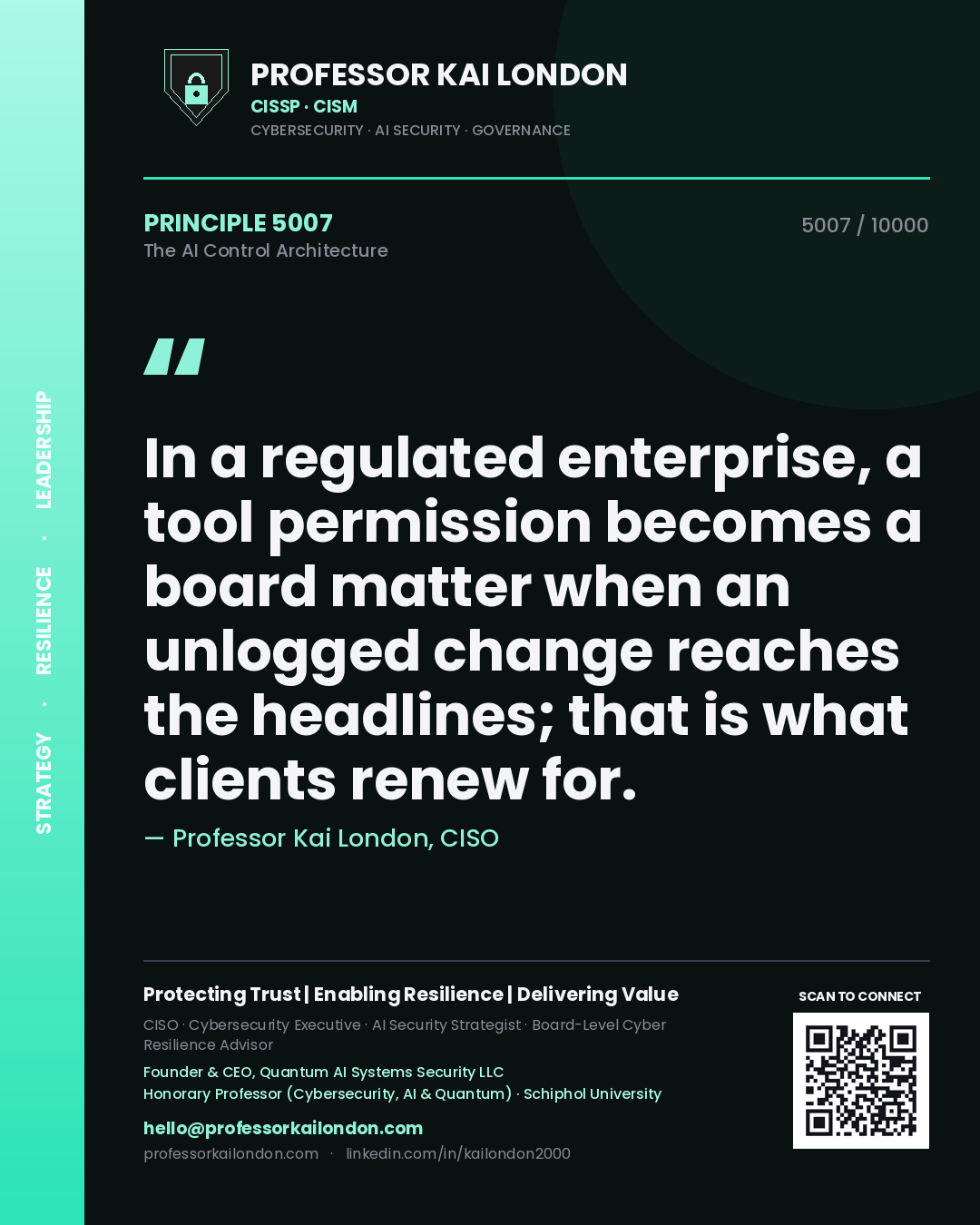 Quote card by Professor Kai London reading 'In a regulated enterprise, a tool permission becomes a board matter when an unlogged change reaches the headlines; that is what clients renew for.'. From the book The AI Control Architecture.