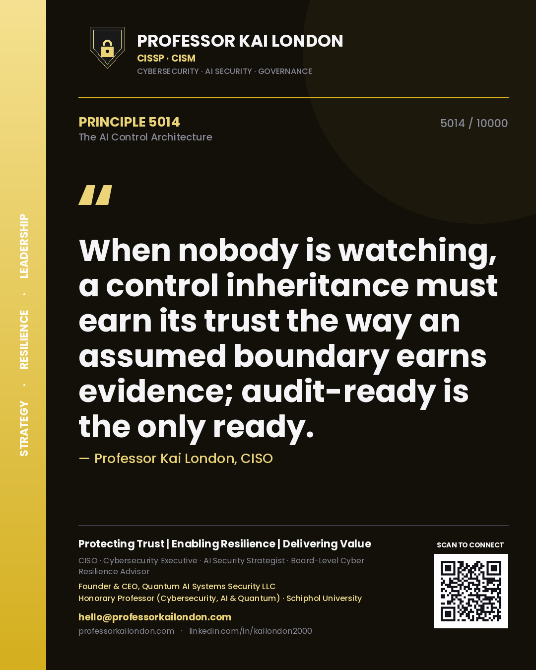 Quote card by Professor Kai London reading 'When nobody is watching, a control inheritance must earn its trust the way an assumed boundary earns evidence; audit-ready is the only ready.'. From the book The AI Control Architecture.