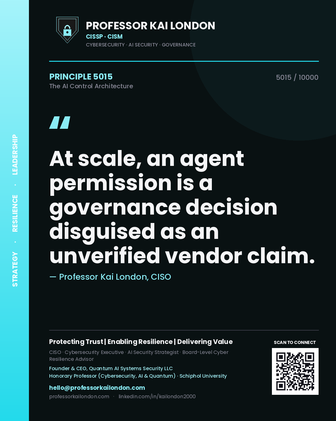 Quote card by Professor Kai London reading 'At scale, an agent permission is a governance decision disguised as an unverified vendor claim.'. From the book The AI Control Architecture.