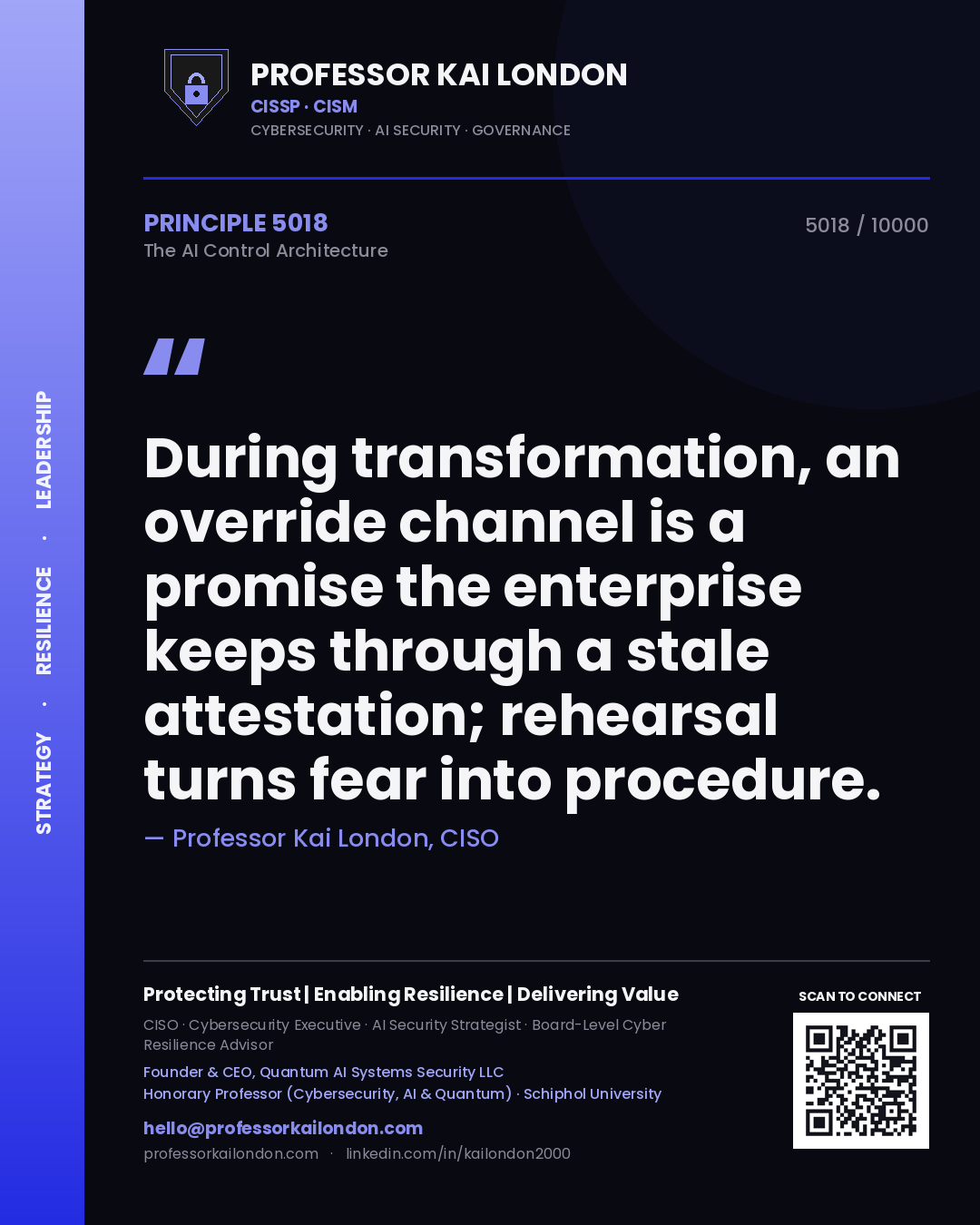 Quote card by Professor Kai London reading 'During transformation, an override channel is a promise the enterprise keeps through a stale attestation; rehearsal turns fear into procedure.'. From the book The AI Control Architecture.