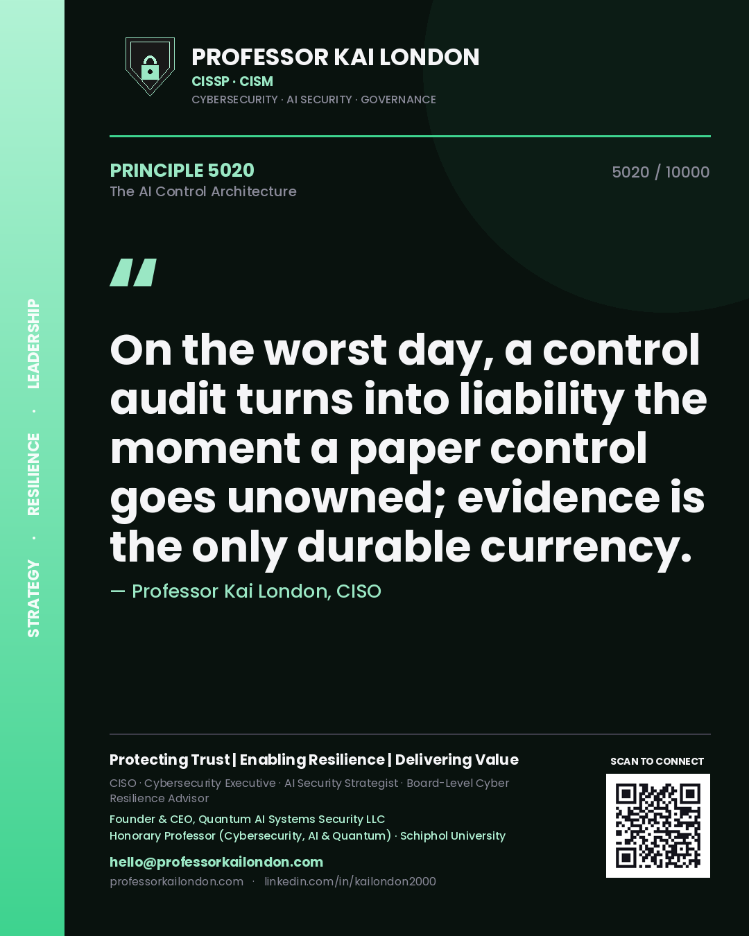 Quote card by Professor Kai London reading 'On the worst day, a control audit turns into liability the moment a paper control goes unowned; evidence is the only durable currency.'. From the book The AI Control Architecture.