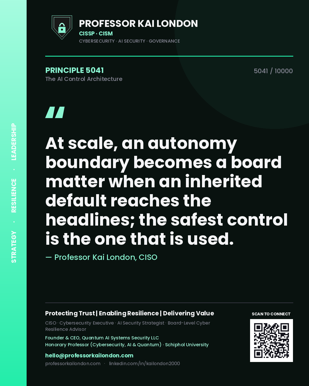 Quote card by Professor Kai London reading 'At scale, an autonomy boundary becomes a board matter when an inherited default reaches the headlines; the safest control is the one that is used.'. From the book The AI Control Architecture.