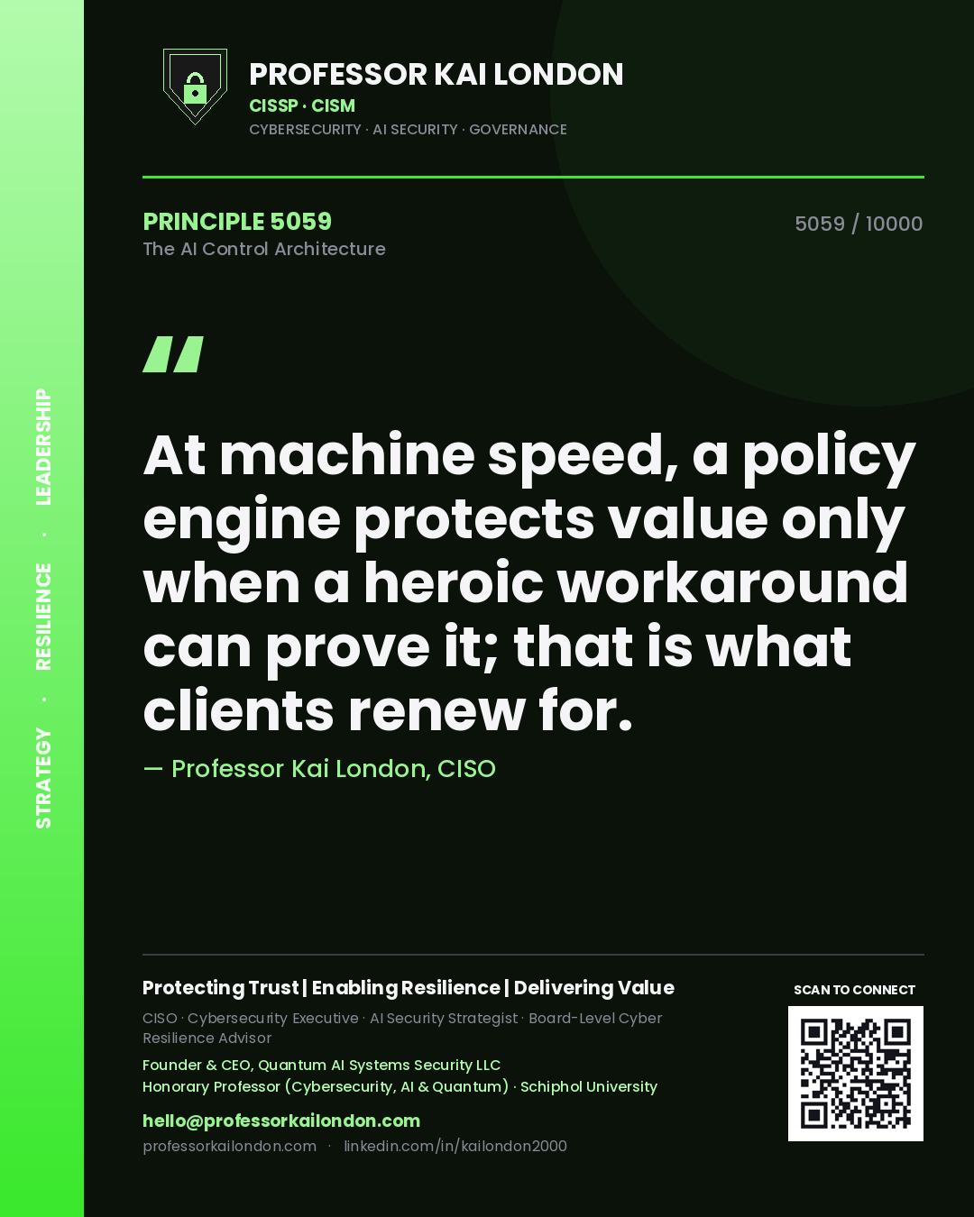 Quote card by Professor Kai London reading 'At machine speed, a policy engine protects value only when a heroic workaround can prove it; that is what clients renew for.'. From the book The AI Control Architecture.