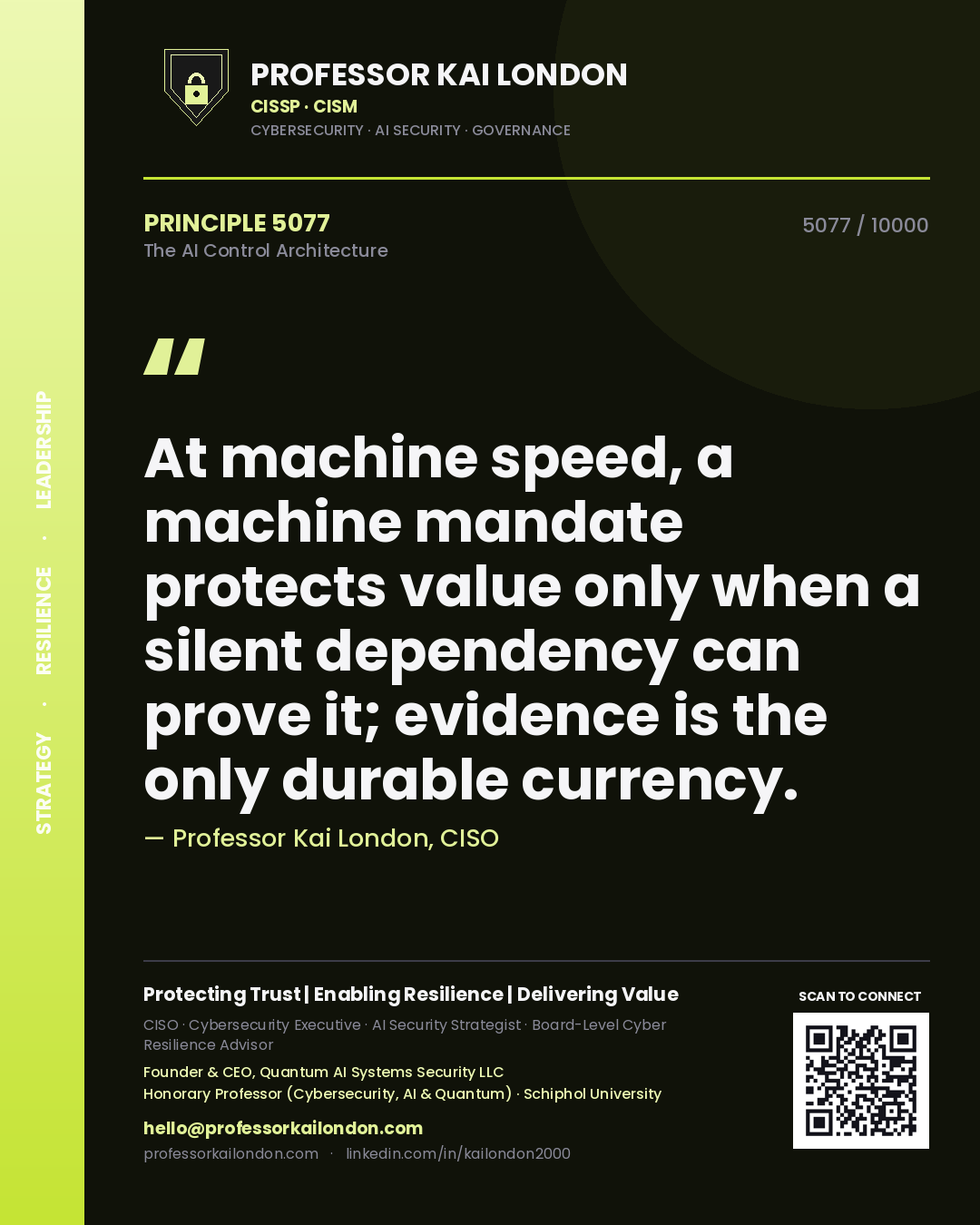 Quote card by Professor Kai London reading 'At machine speed, a machine mandate protects value only when a silent dependency can prove it; evidence is the only durable currency.'. From the book The AI Control Architecture.
