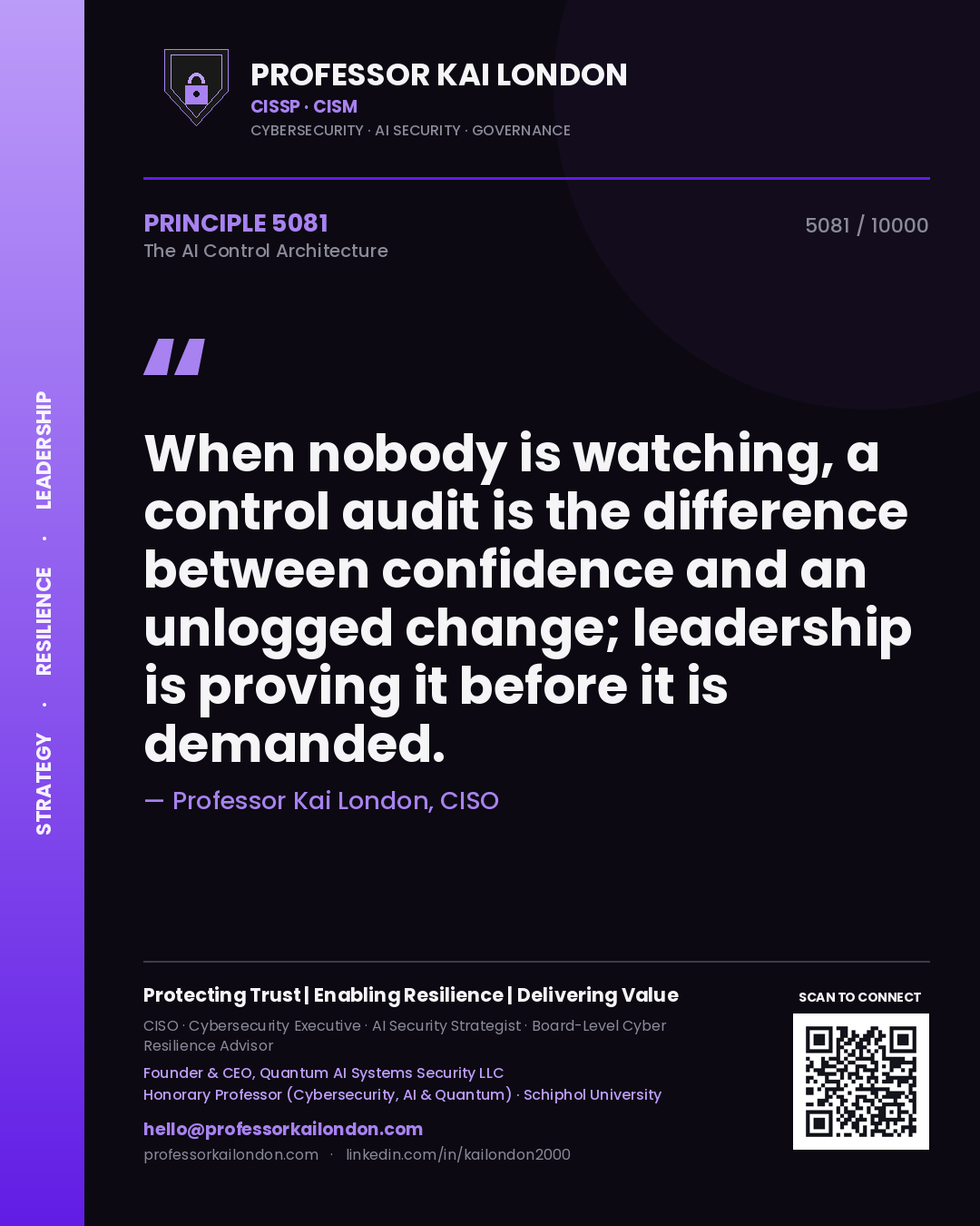 Quote card by Professor Kai London reading 'When nobody is watching, a control audit is the difference between confidence and an unlogged change; leadership is proving it before it is demanded.'. From the book The AI Control Architecture.