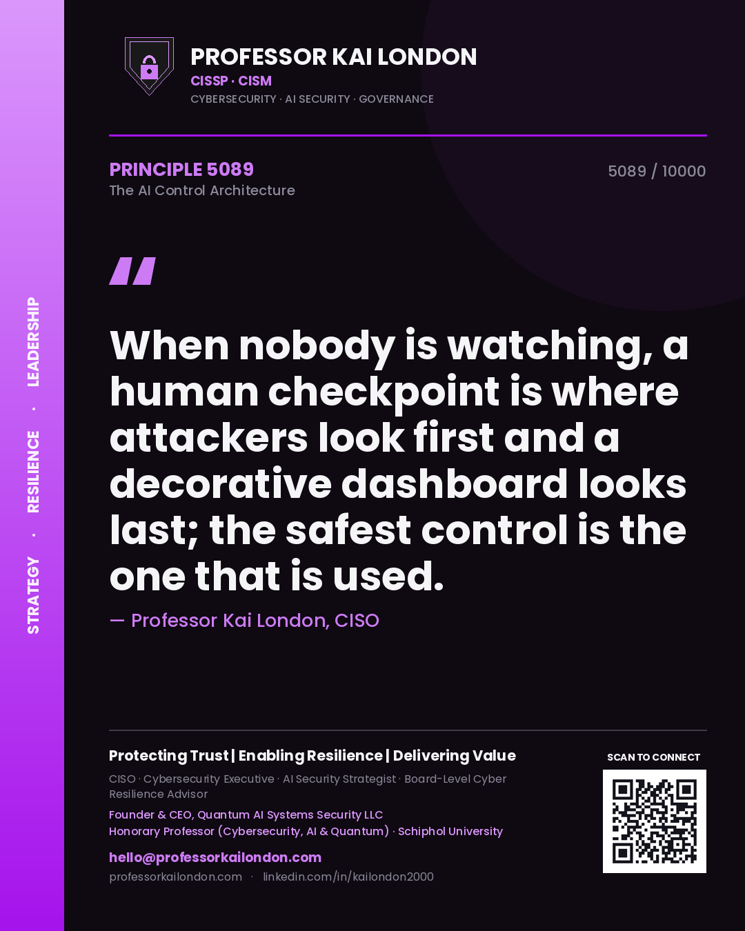 Professor Kai London principle 5089: When nobody is watching, a human checkpoint is where attackers look first and a decorative dashboard looks last; the safest control is the one that is used.