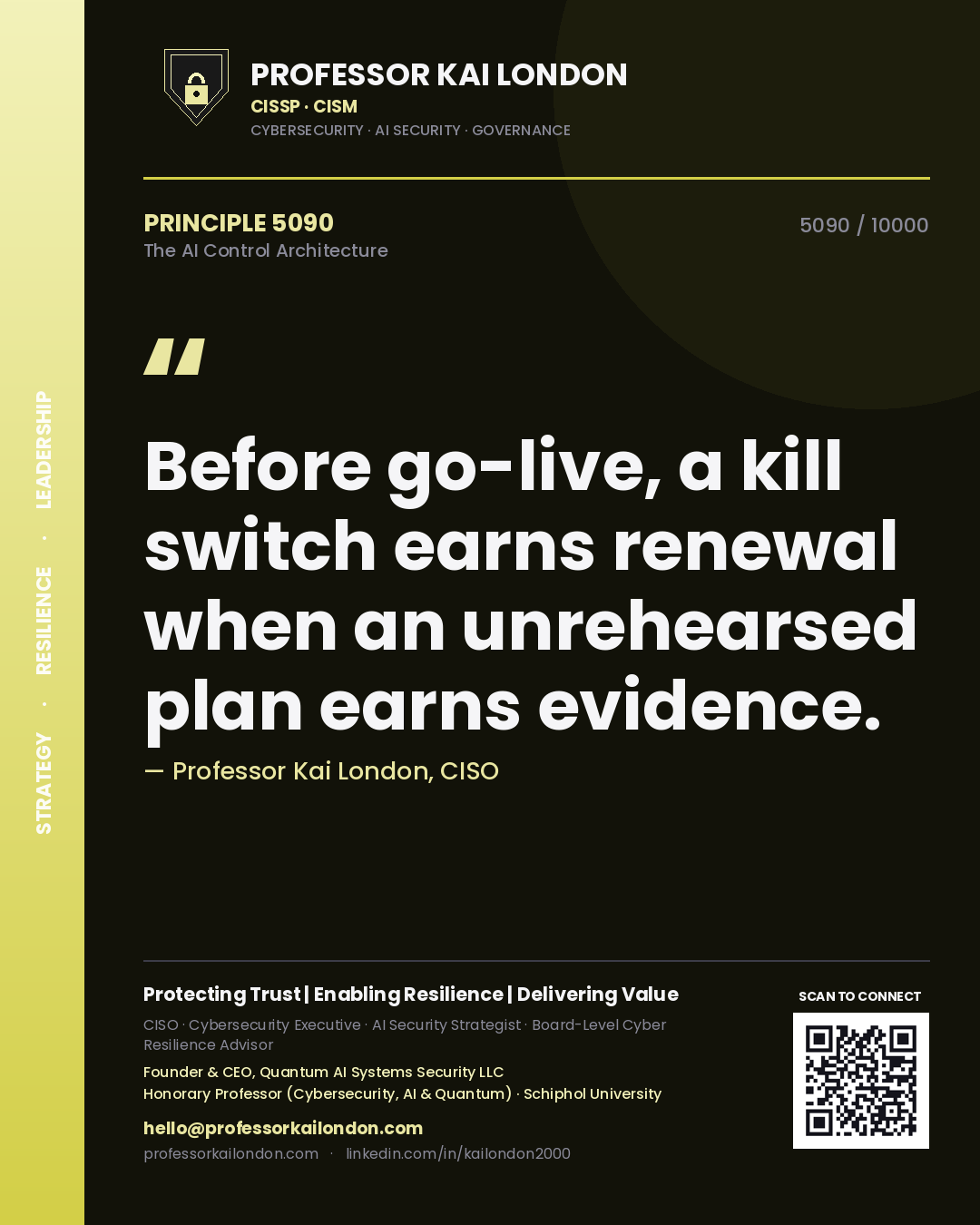 Professor Kai London principle 5090: Before go-live, a kill switch earns renewal when an unrehearsed plan earns evidence.