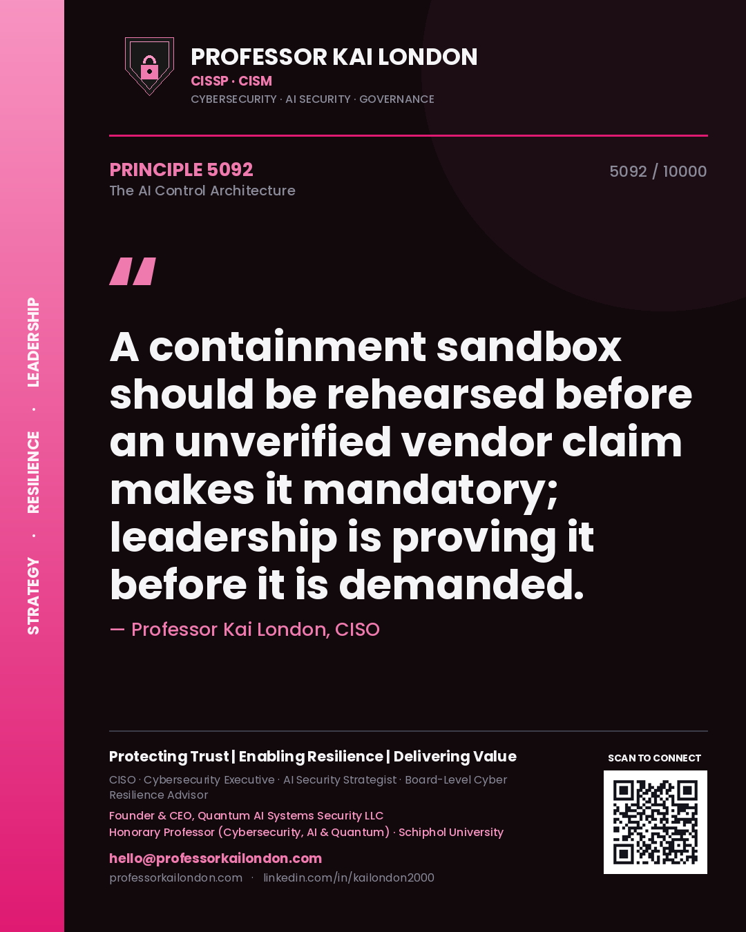 Quote card by Professor Kai London reading 'A containment sandbox should be rehearsed before an unverified vendor claim makes it mandatory; leadership is proving it before it is demanded.'. From the book The AI Control Architecture.