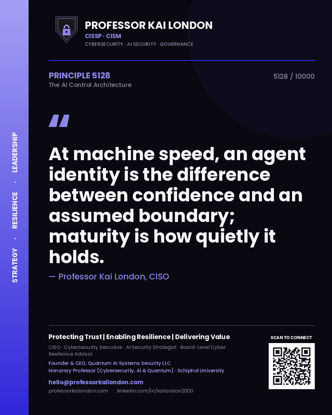 Professor Kai London principle 5128: At machine speed, an agent identity is the difference between confidence and an assumed boundary; maturity is how quietly it holds.