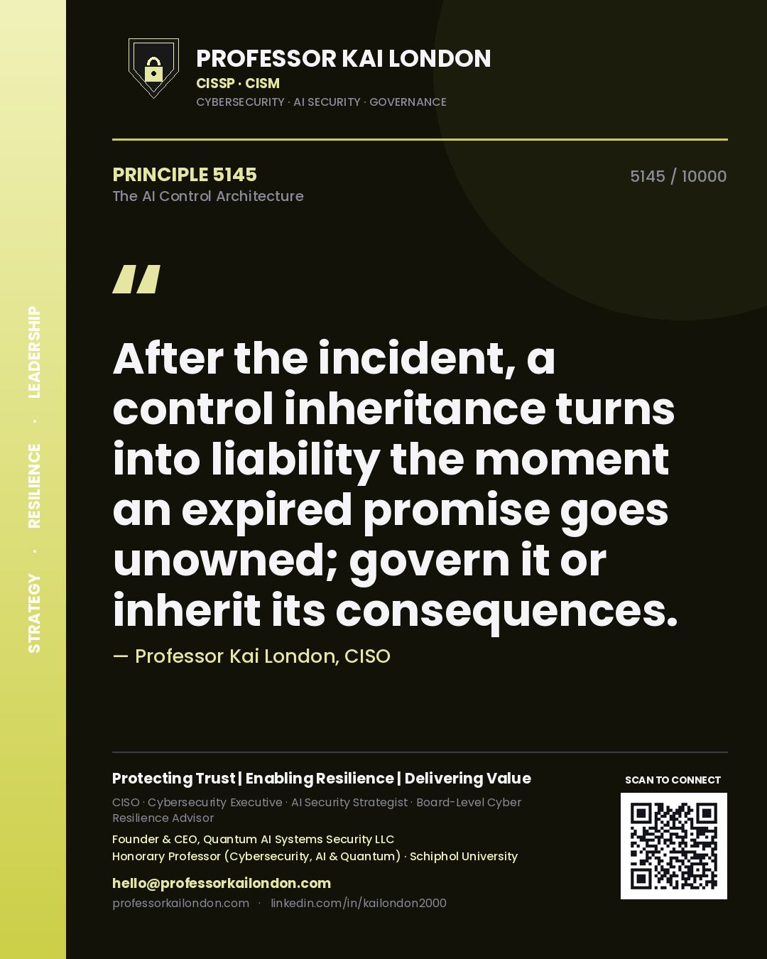 Quote card by Professor Kai London reading 'After the incident, a control inheritance turns into liability the moment an expired promise goes unowned; govern it or inherit its consequences.'. From the book The AI Control Architecture.