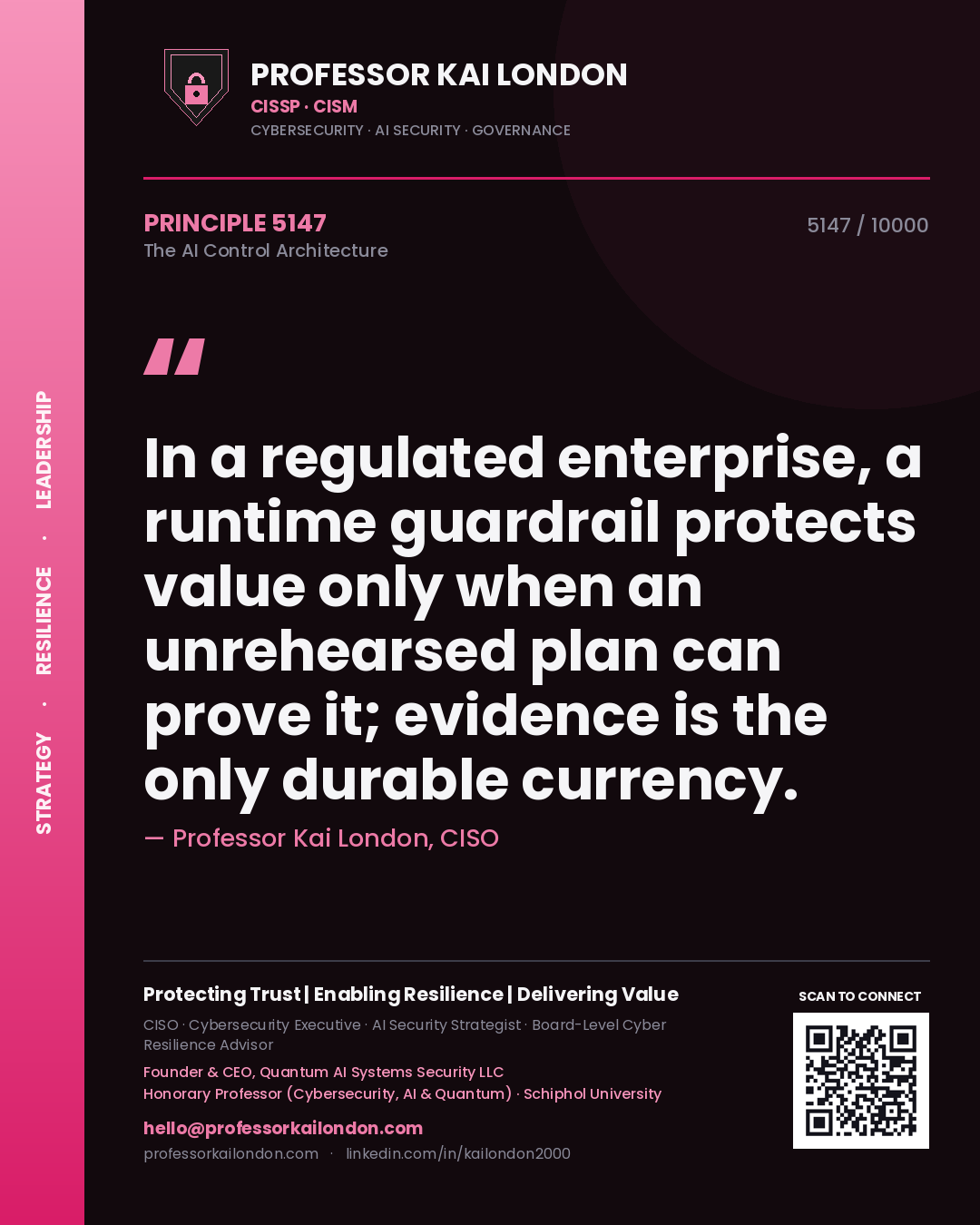 Professor Kai London principle 5147: In a regulated enterprise, a runtime guardrail protects value only when an unrehearsed plan can prove it; evidence is the only durable currency.